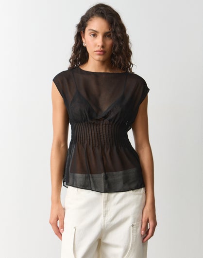 Chiffon Sheer Gathered Blouse