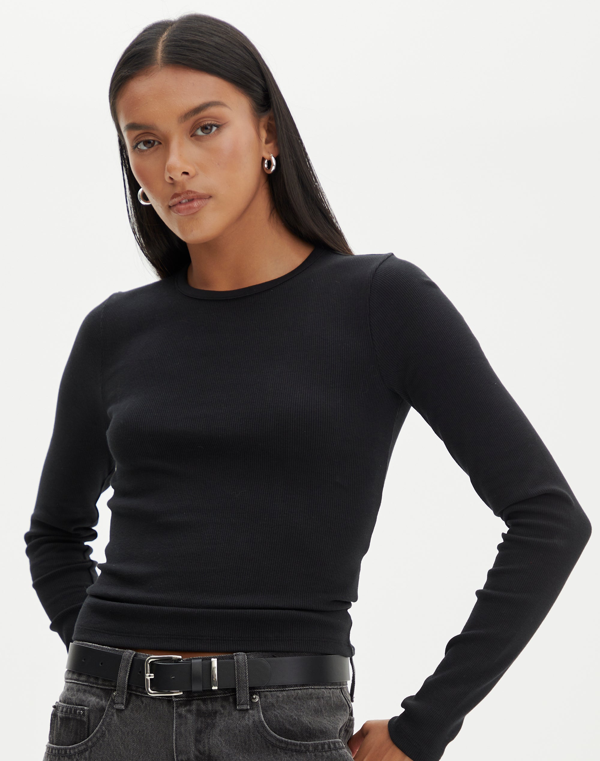 Cotton Ribbed Long Sleeve Top in Black