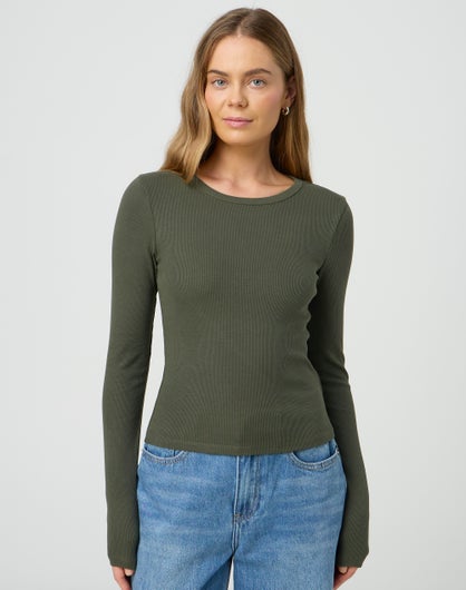 Cotton Ribbed Long Sleeve Top in Kambala | Glassons