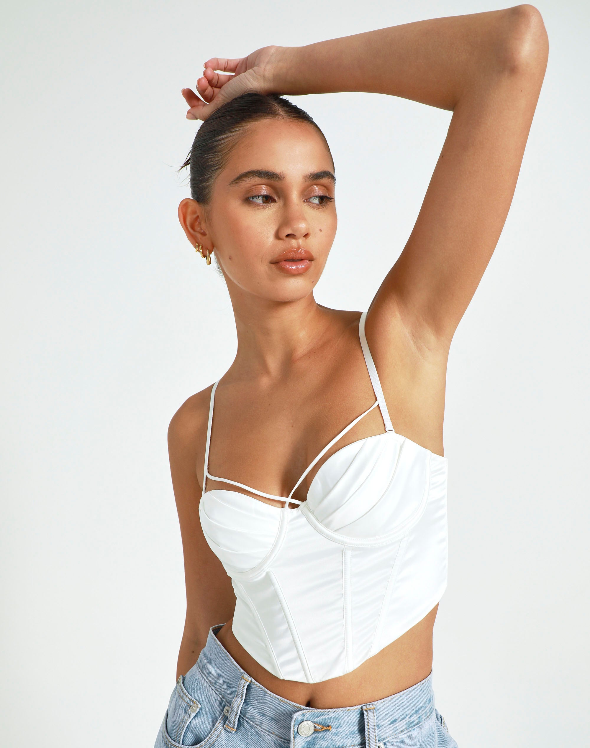 Satin Ruched Strappy Corset Top in White | Glassons