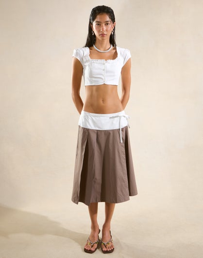 Poplin Pleated Wrap Midi Skirt