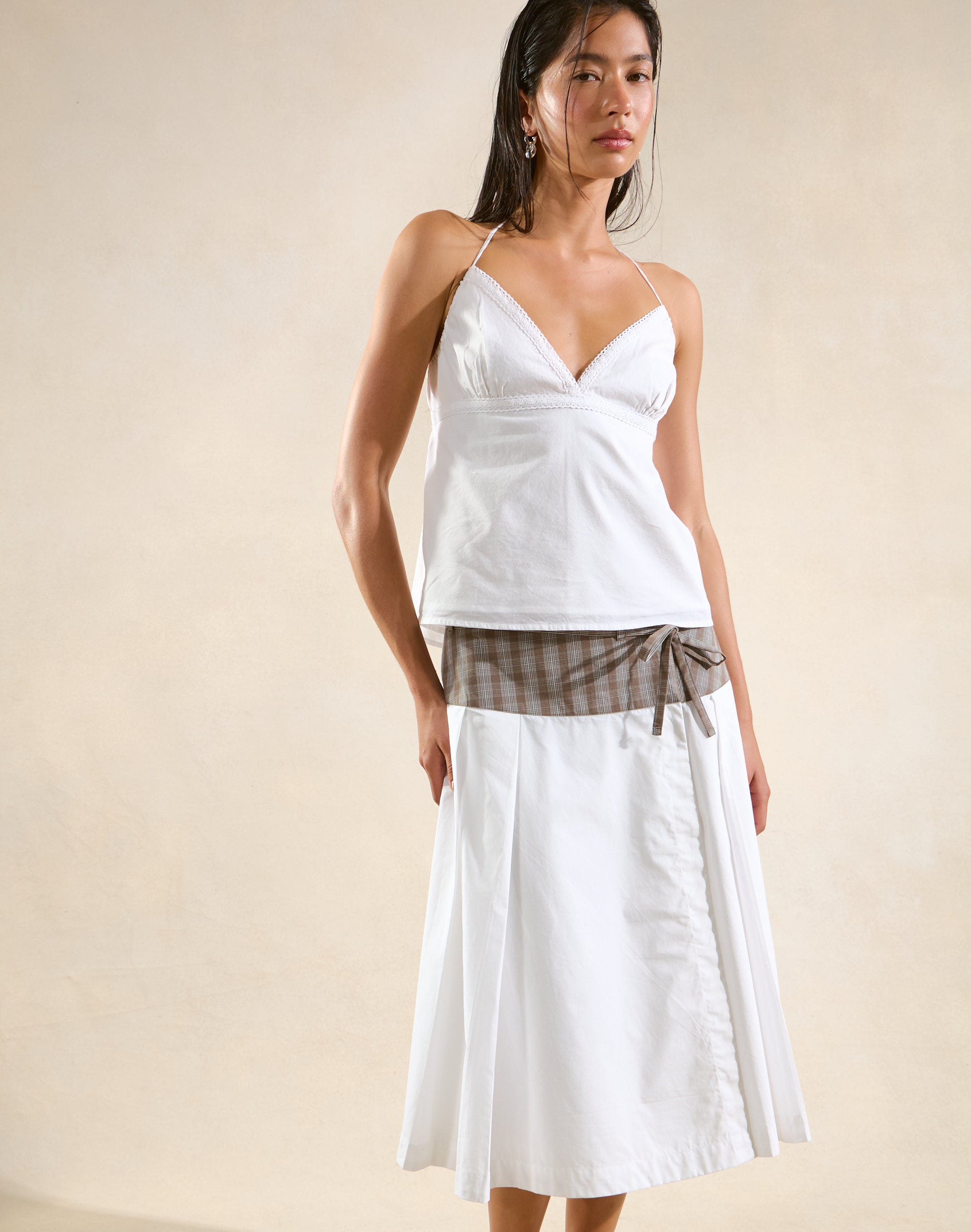 Poplin Pleated Wrap Midi Skirt in White X Smokey Mint Cammie Che