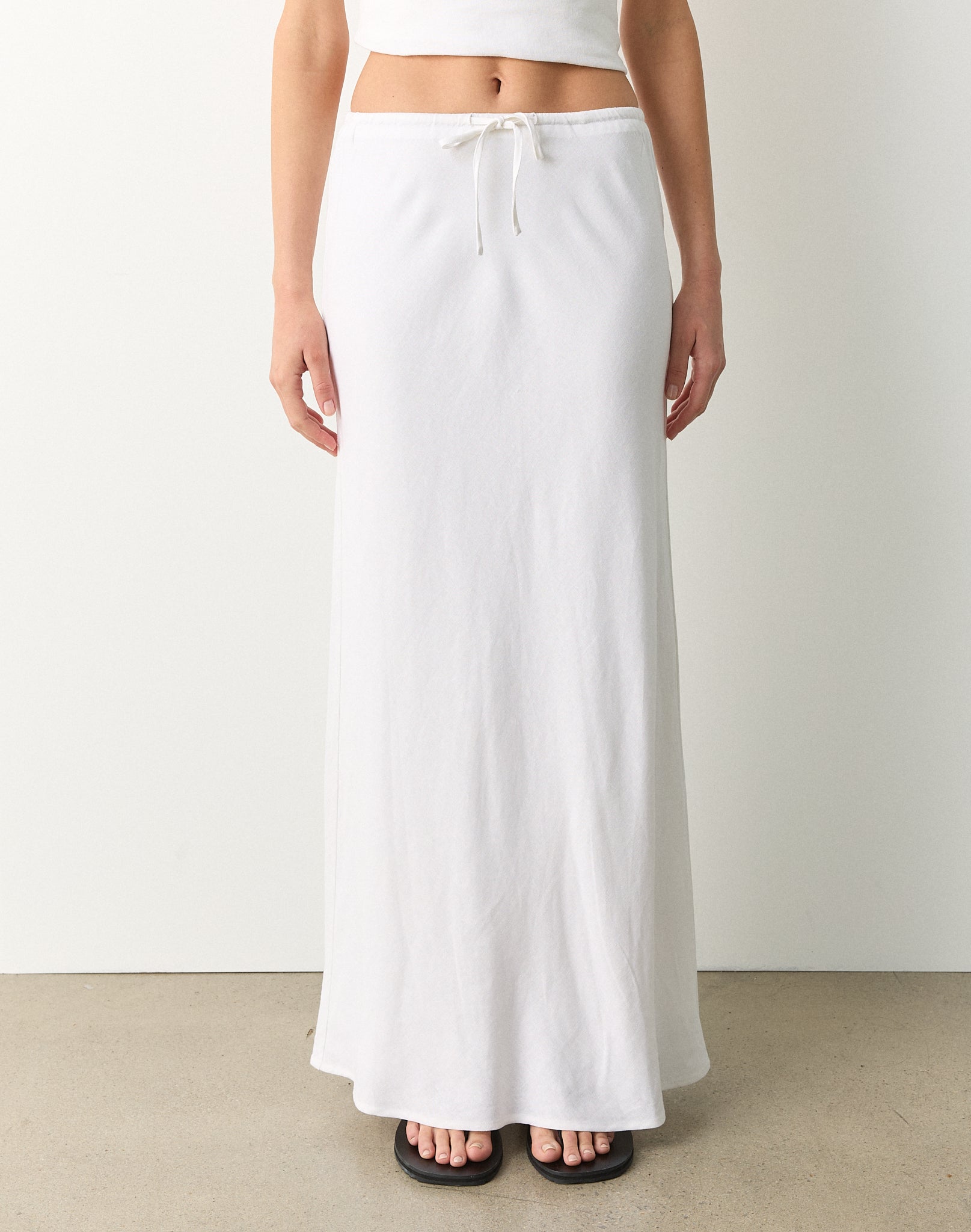 Linen Blend Tie Waist Maxi Skirt in White Glassons