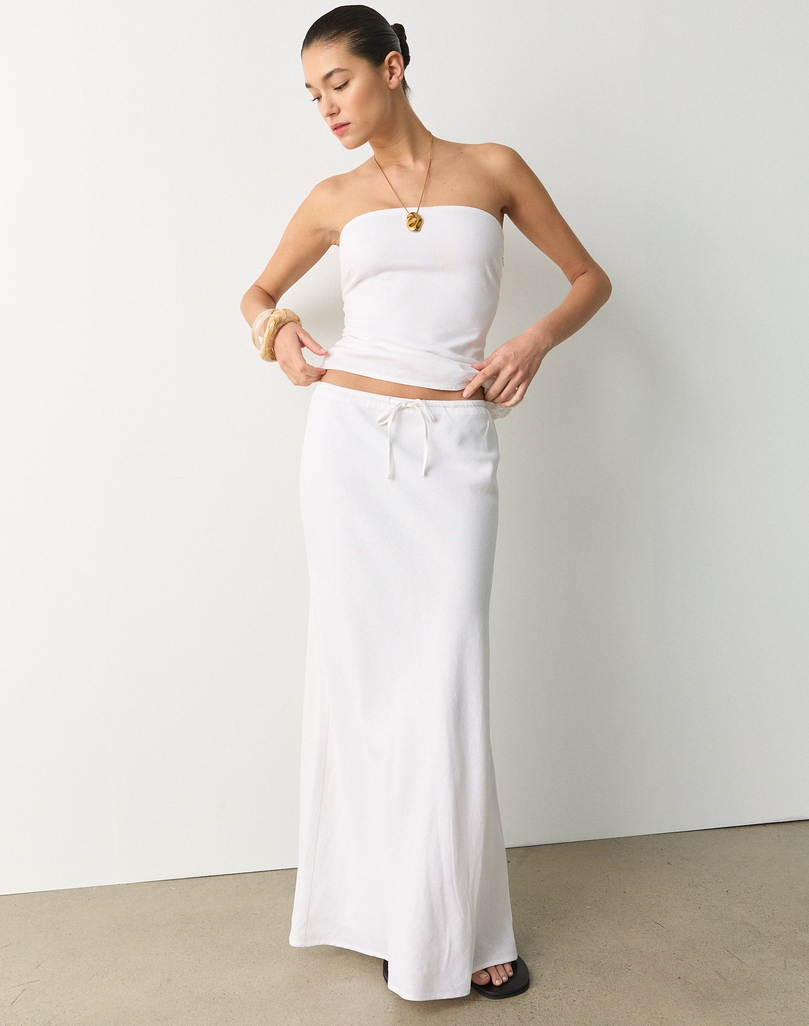 Linen Blend Tie Waist Maxi Skirt in White Glassons
