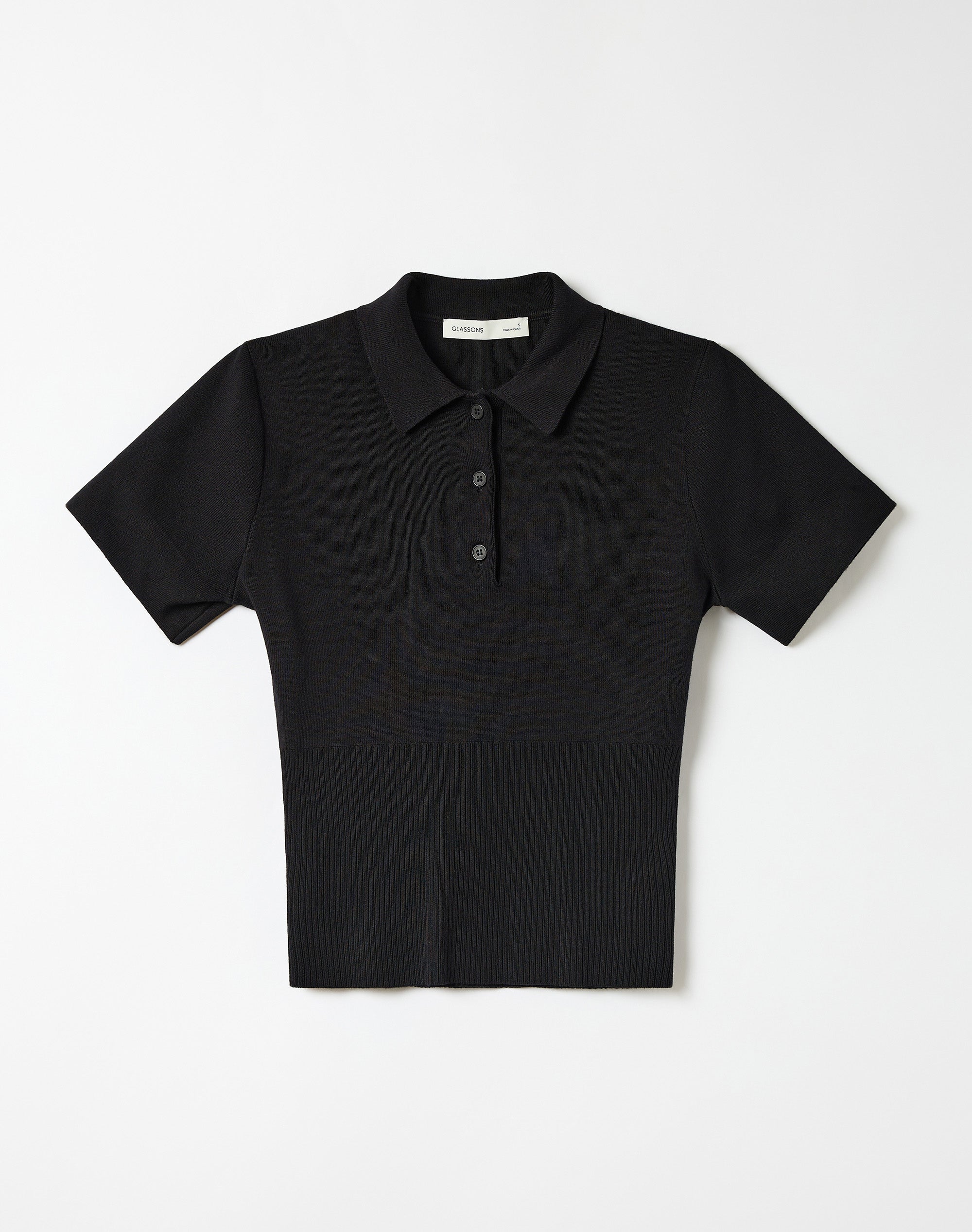 Knit Rib Waist Polo Top in Black | Glassons US