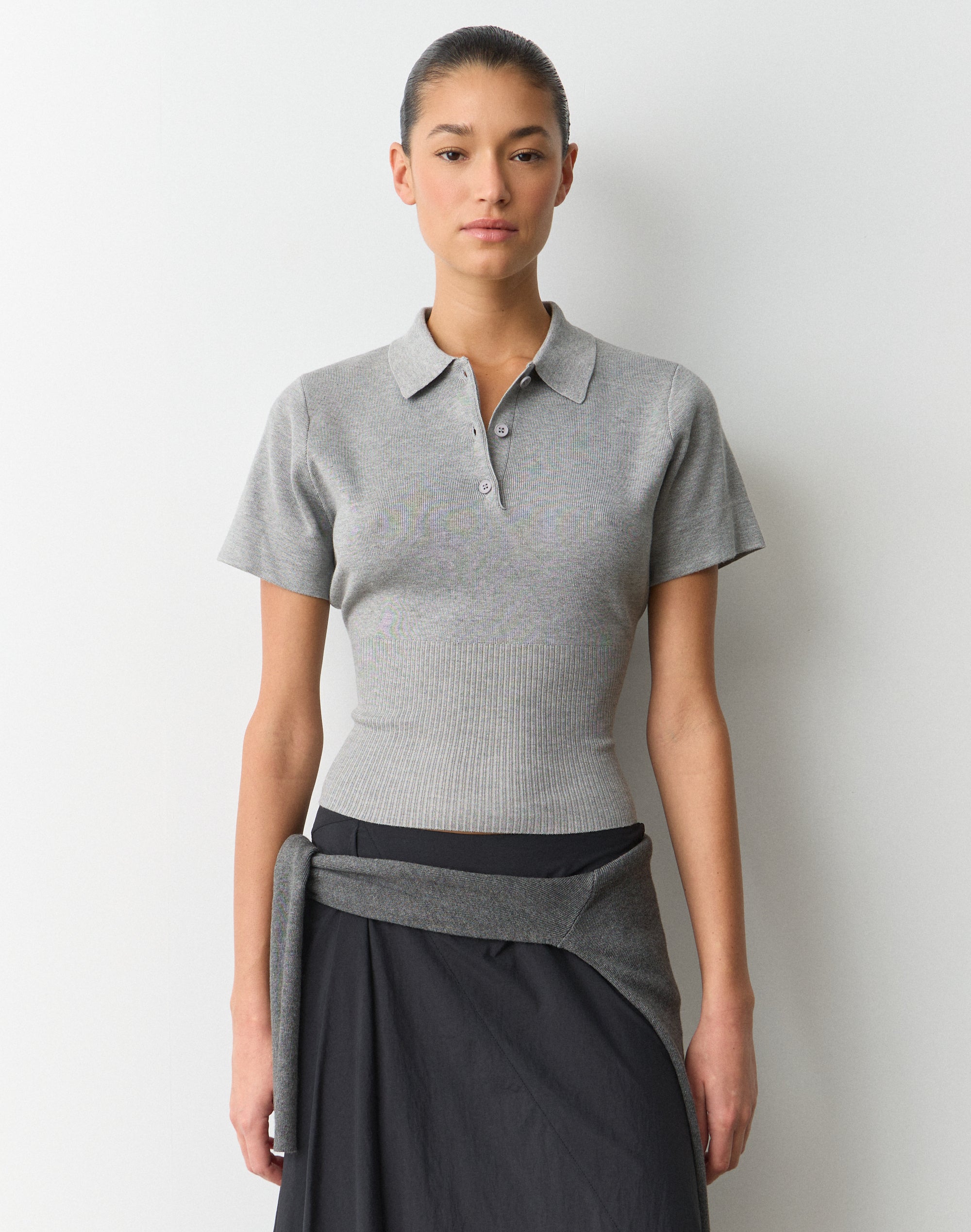 Knit Rib Waist Polo Top in Grey Marle | Glassons US