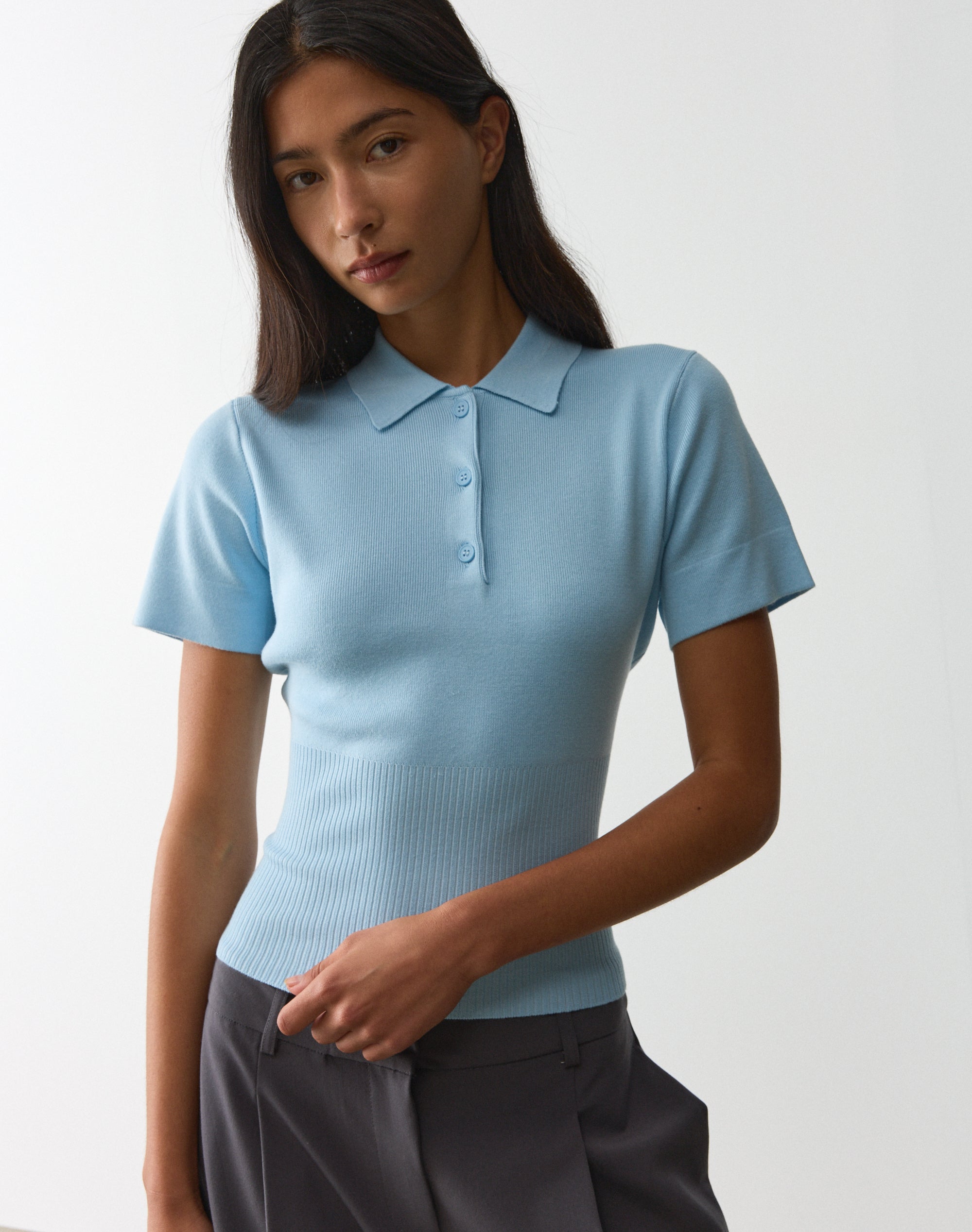 Knit Rib Waist Polo Top in Vapor Blue | Glassons US