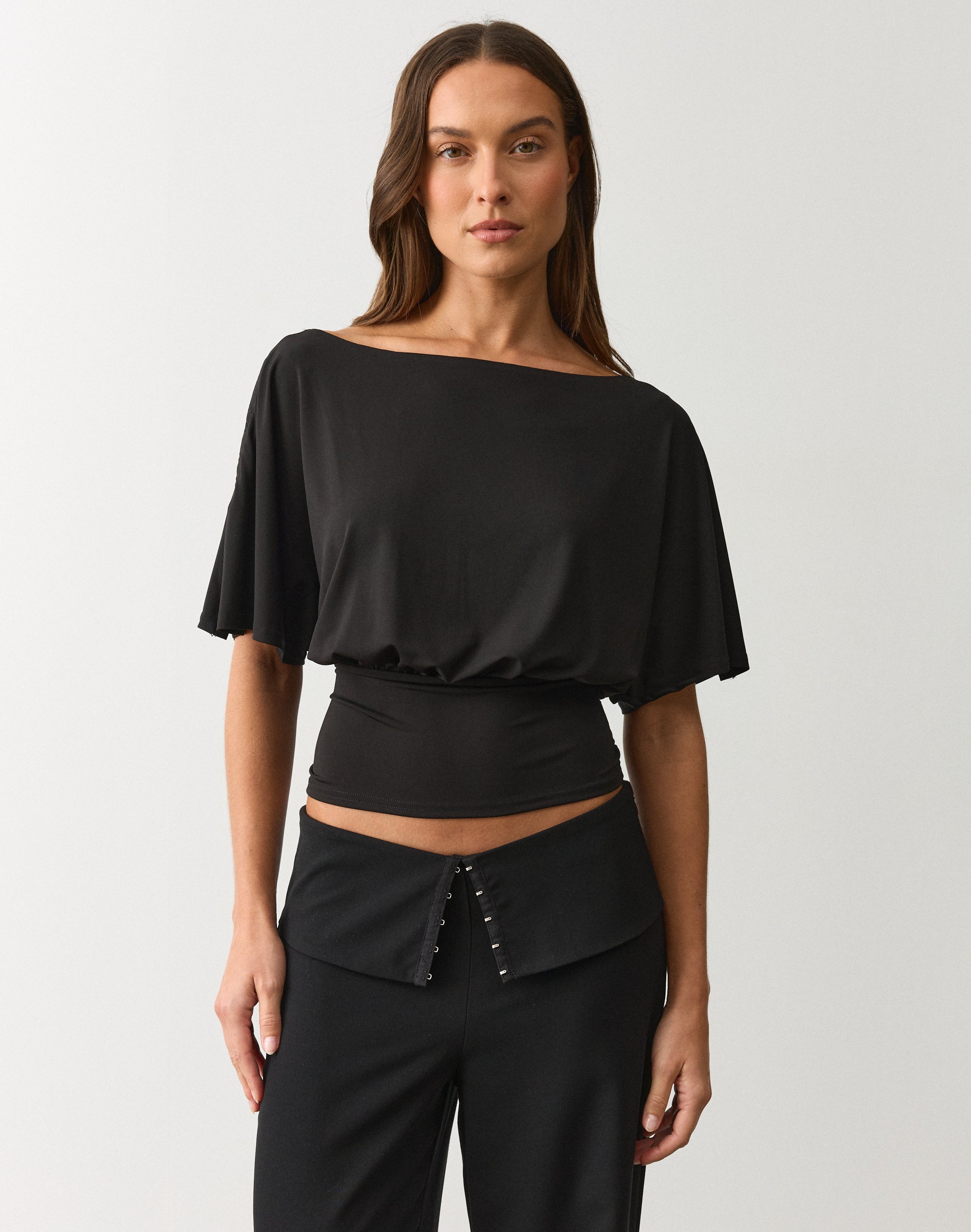 Ruched Slash Neck Top in Black | Glassons US