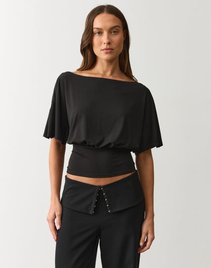 Boat Neck Cinched Waist Top