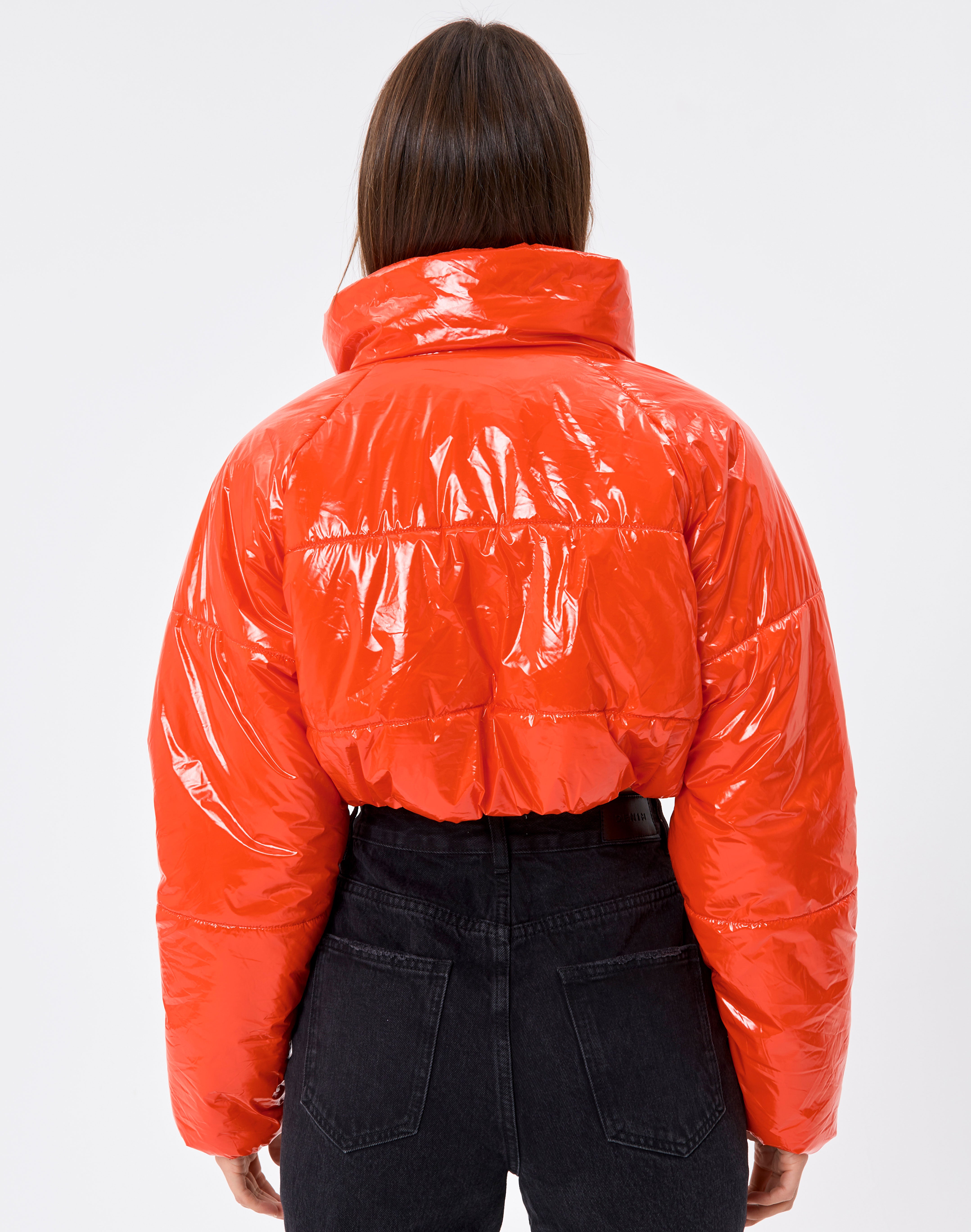 High Shine Cropped Puffer Jacket in Red 