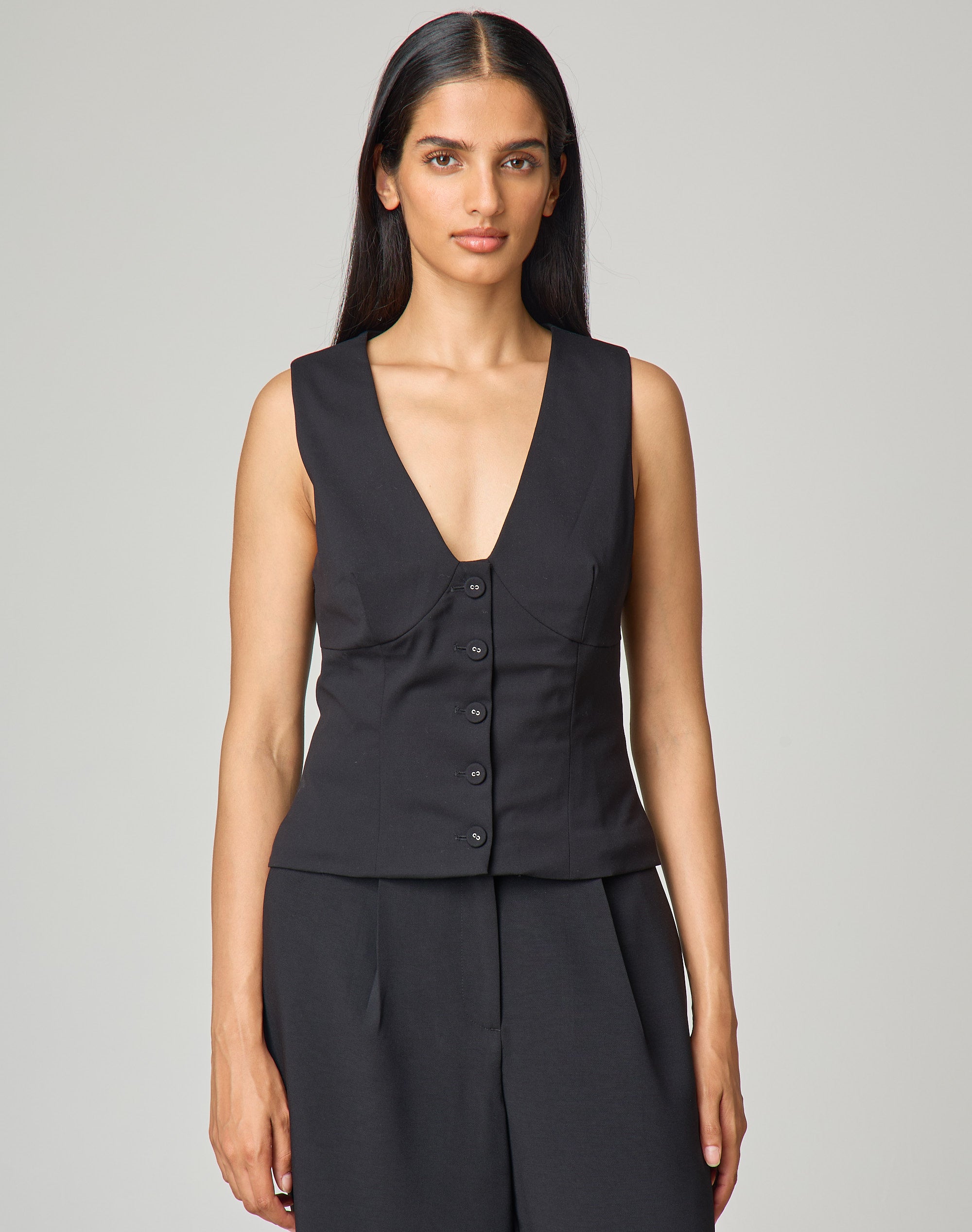 Tailored Button Up Vest Top in Black | Glassons US