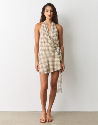 Print Linen Blend Halter Mini Dress in Reddy Fudge Izzy Polka | Glassons US