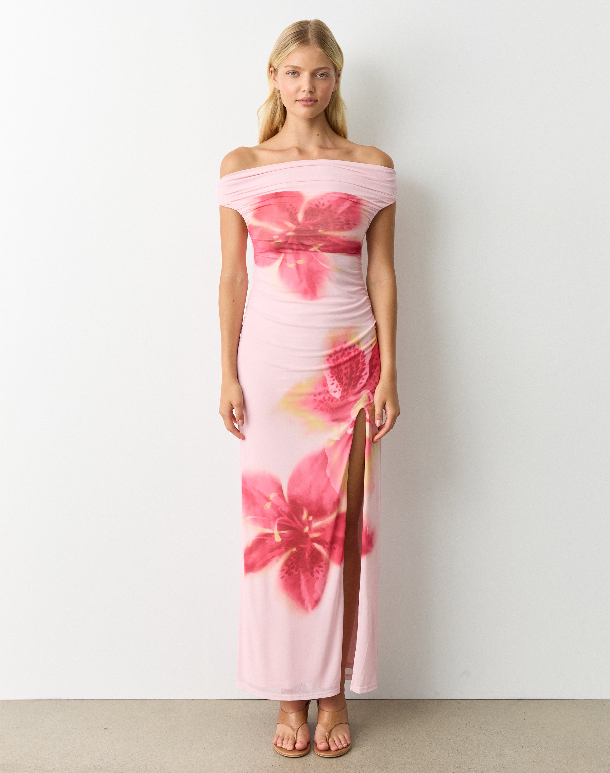 Off Shoulder Ruched Maxi Dress in Bloom Placement | Glassons
