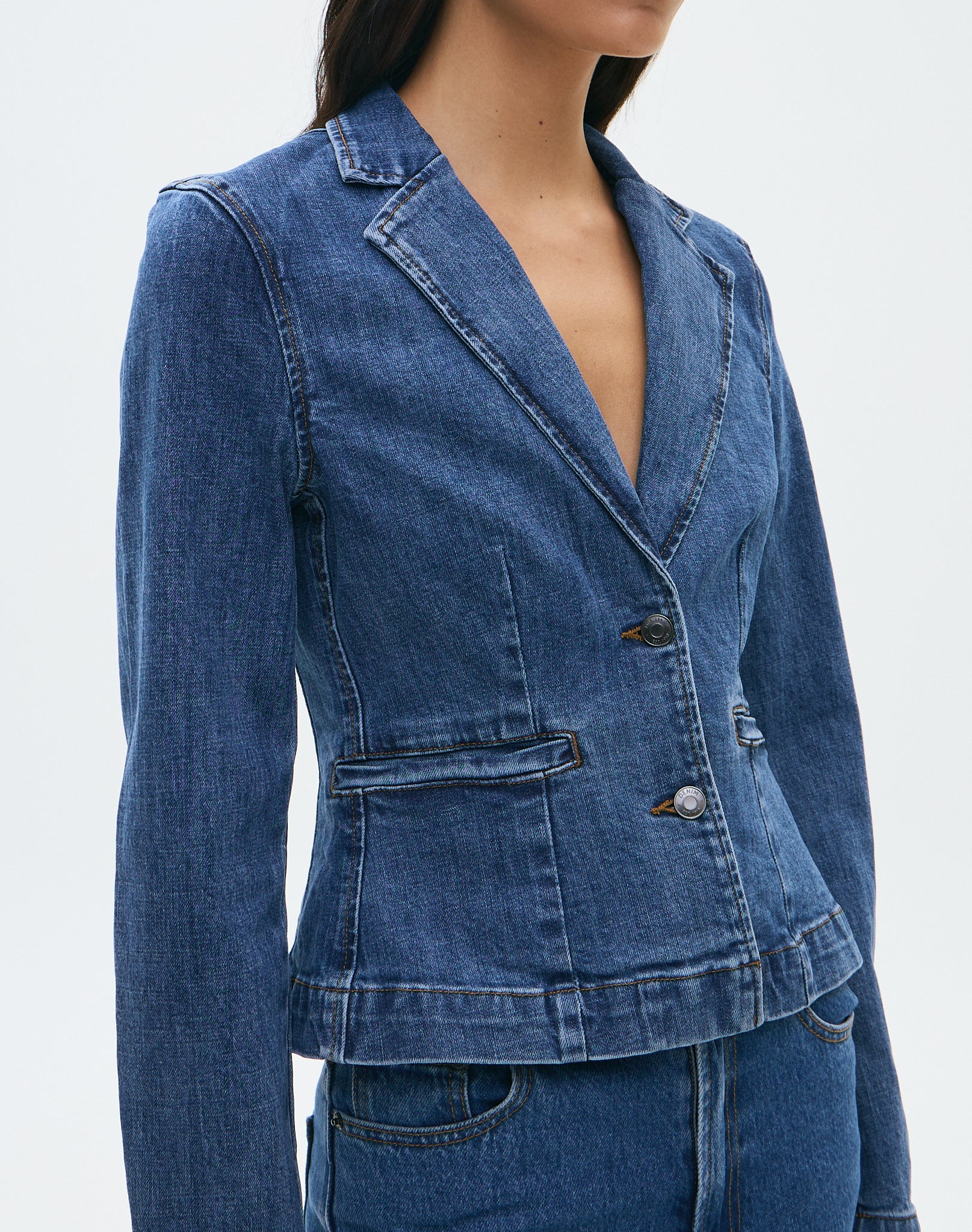 Fitted Denim Blazer Jacket in Suzy Mid Wash 01 Glassons