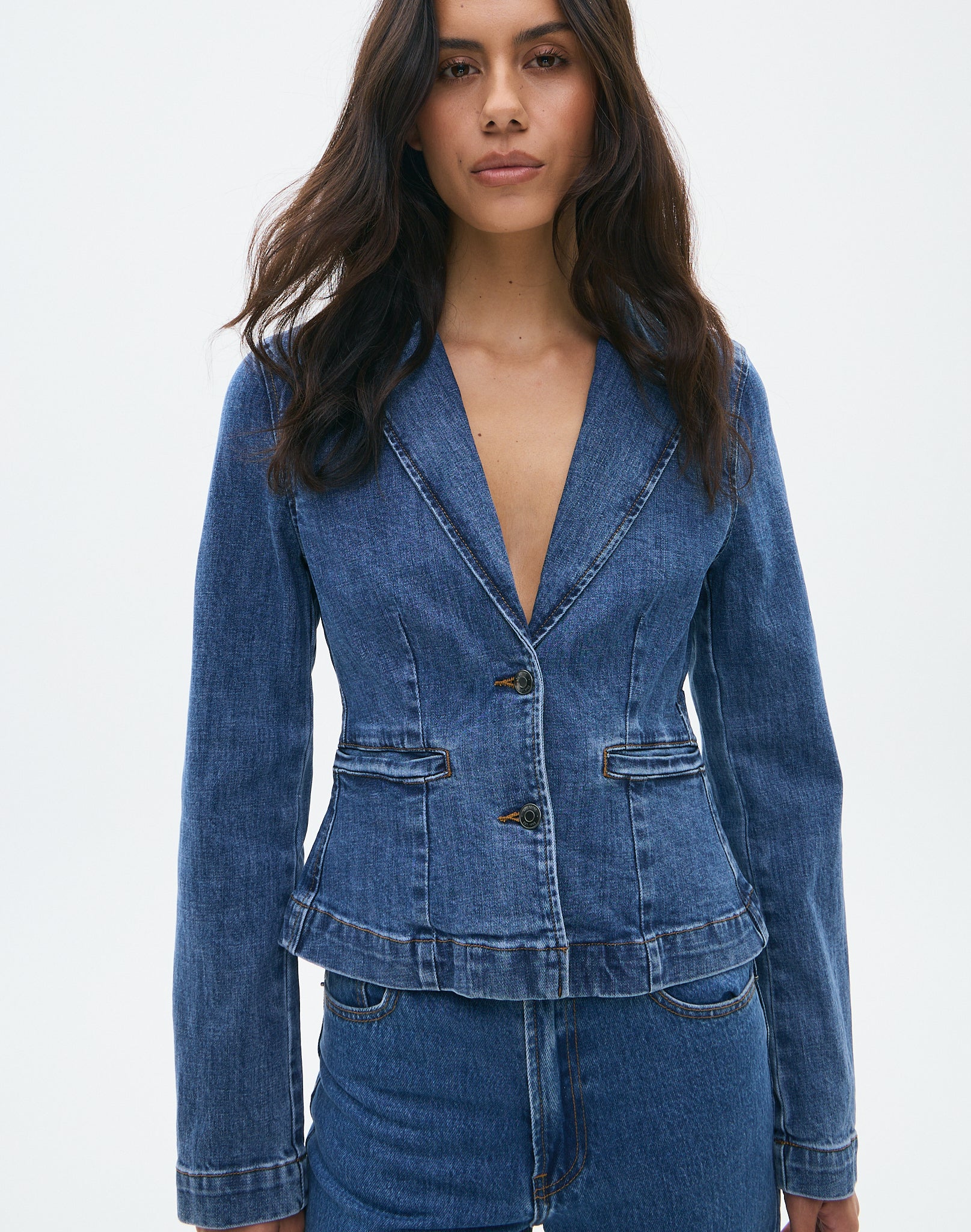 Fitted Denim Blazer Jacket in Suzy Mid Wash 01 | Glassons