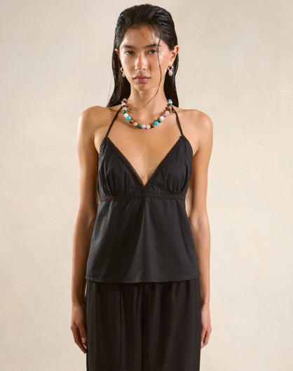 100% Cotton Broderie Trim Halter Top