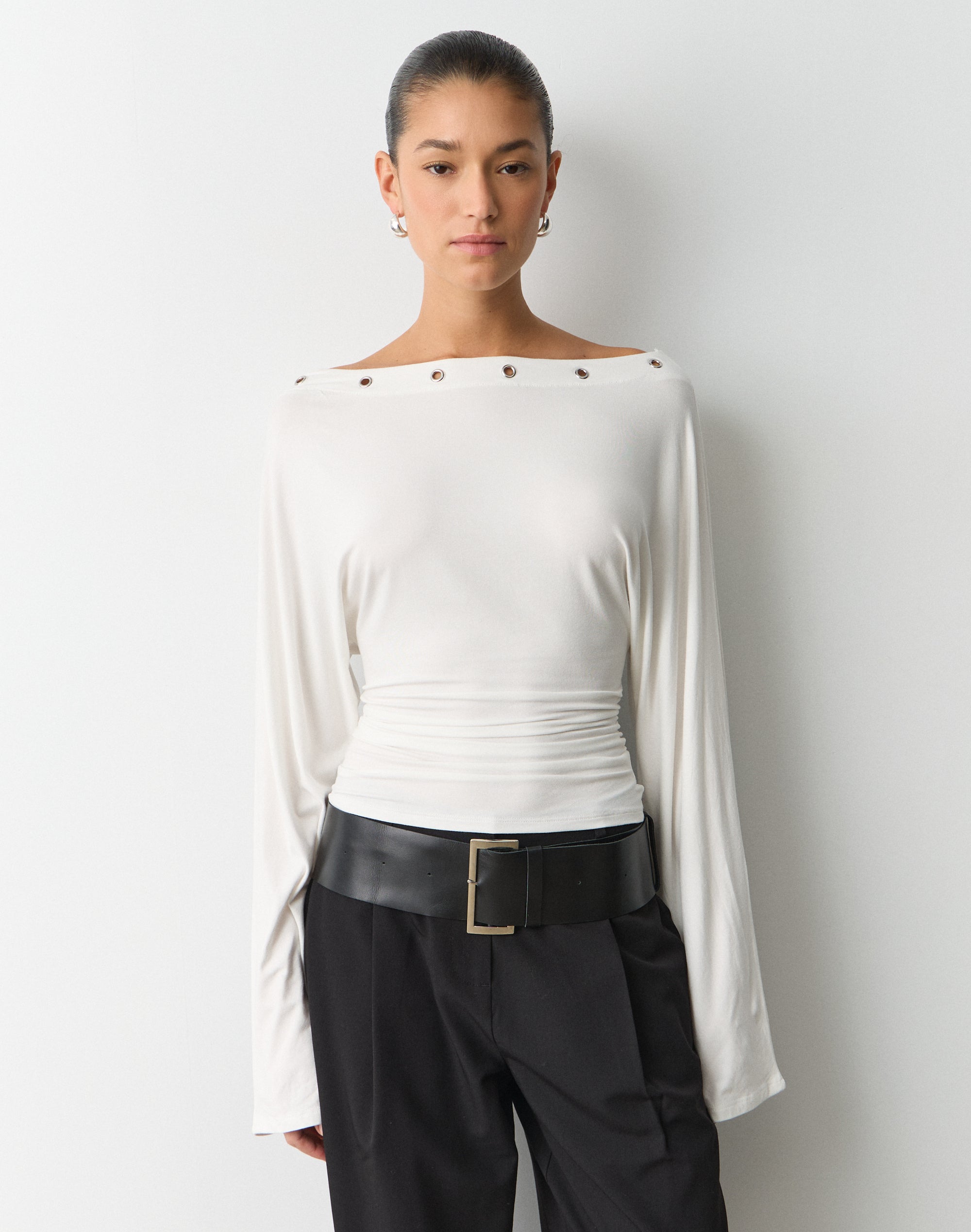 Boat Neck Eyelet Long Sleeve Top in Milk | Glassons SG