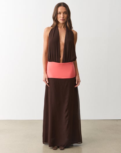 Contrast Chiffon Halter Maxi Dress