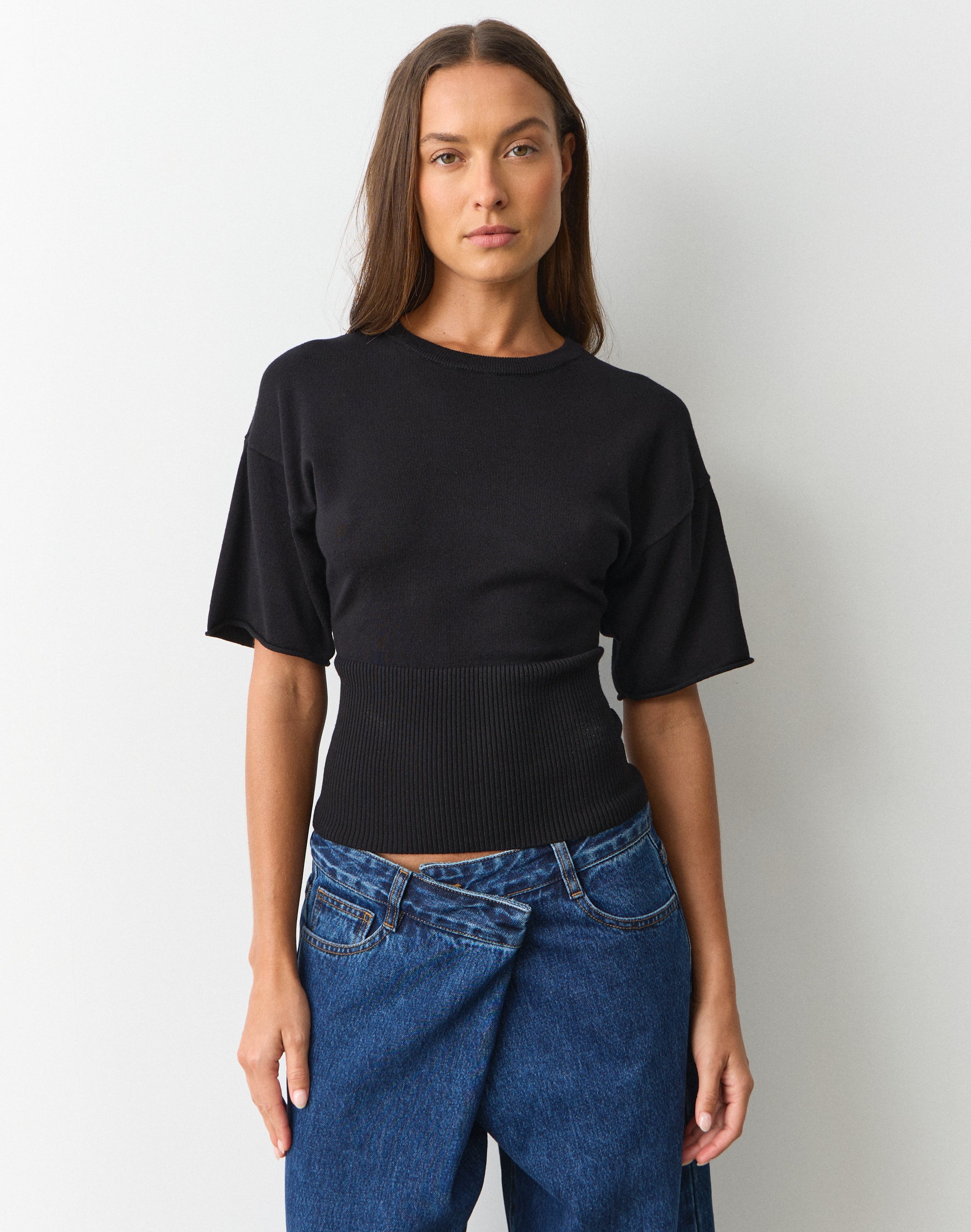 Boat Neck Cinched Waist Top in Black | Glassons US
