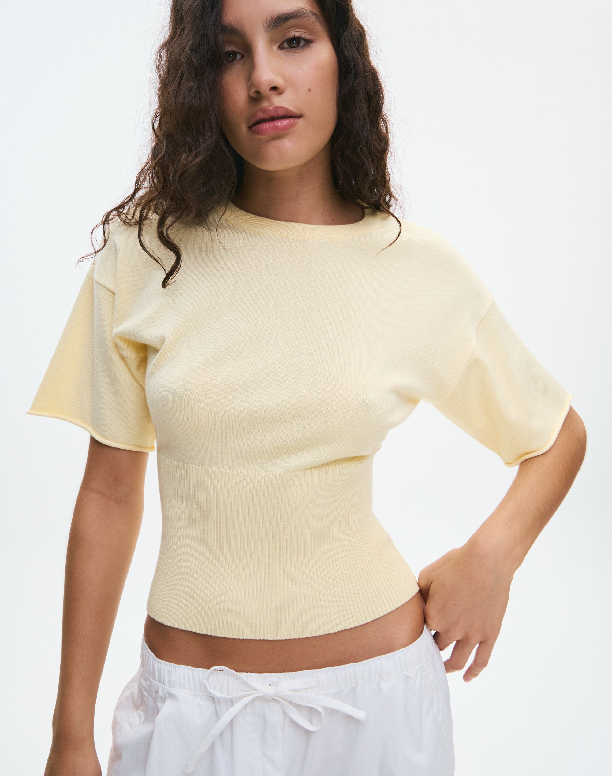 Short Sleeve Rib Waist Knit Top in Summer Sun | Glassons US
