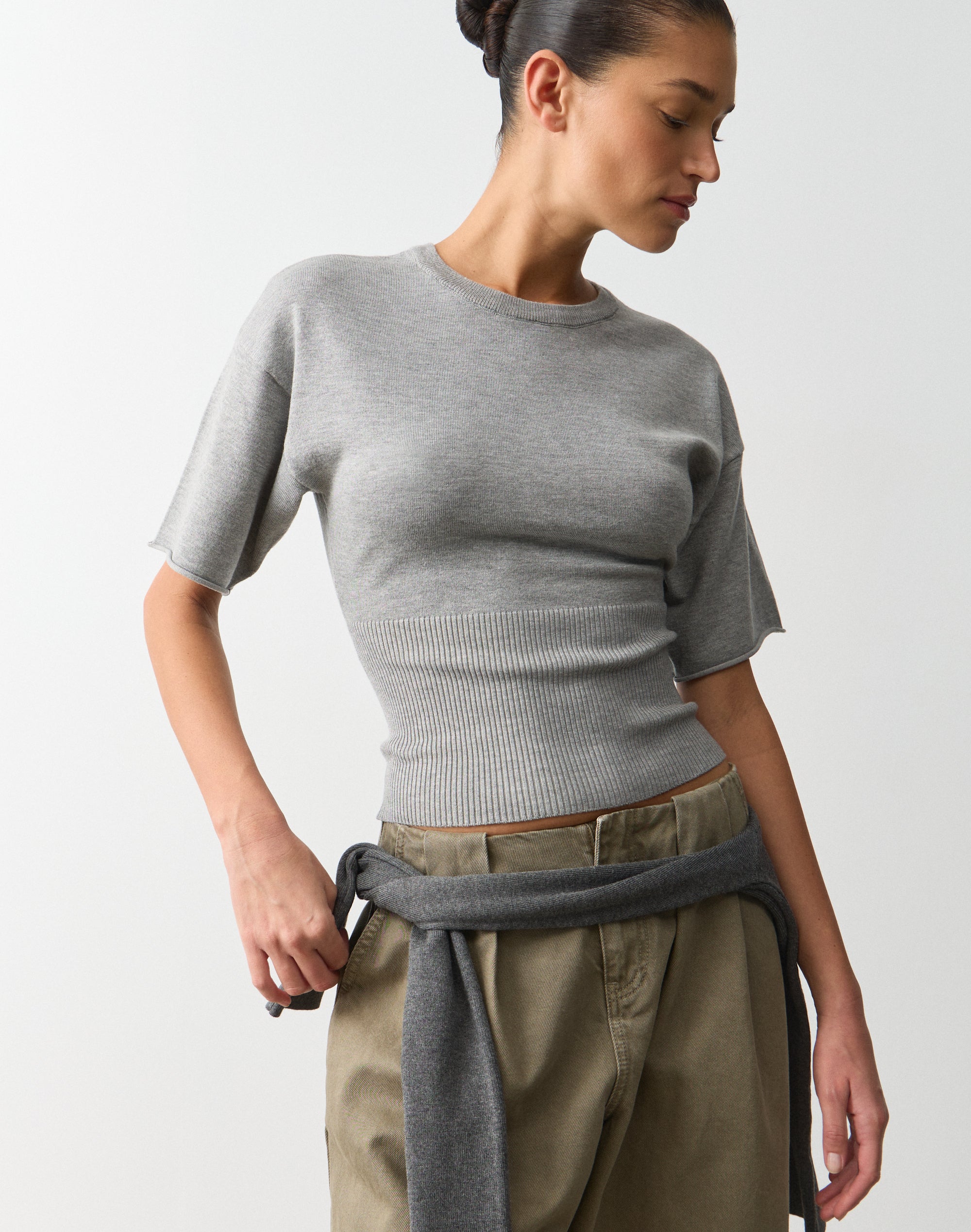 Short Sleeve Rib Waist Knit Top in Grey Marle | Glassons AU