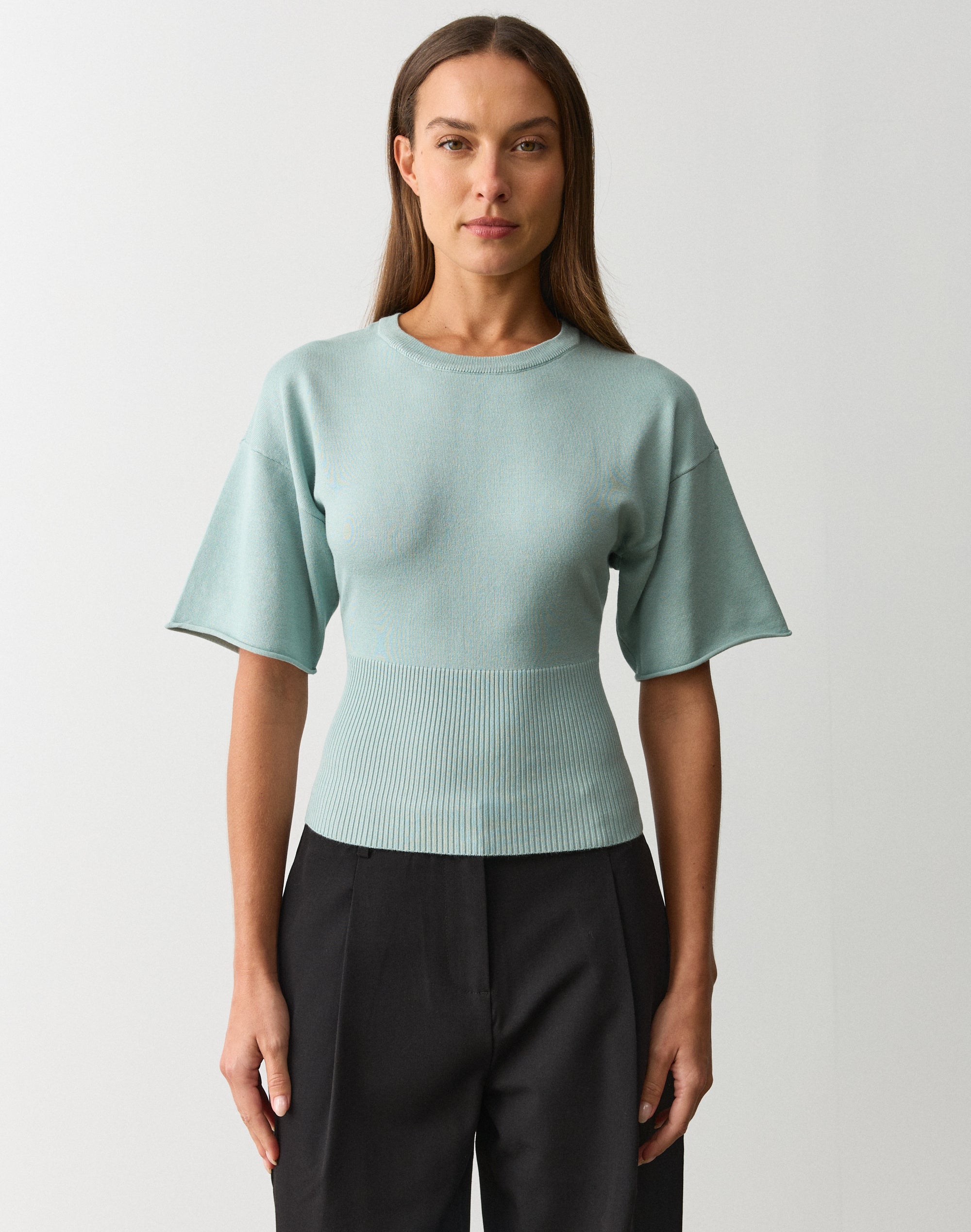Short Sleeve Rib Waist Knit Top in Mint Mirage | Glassons US