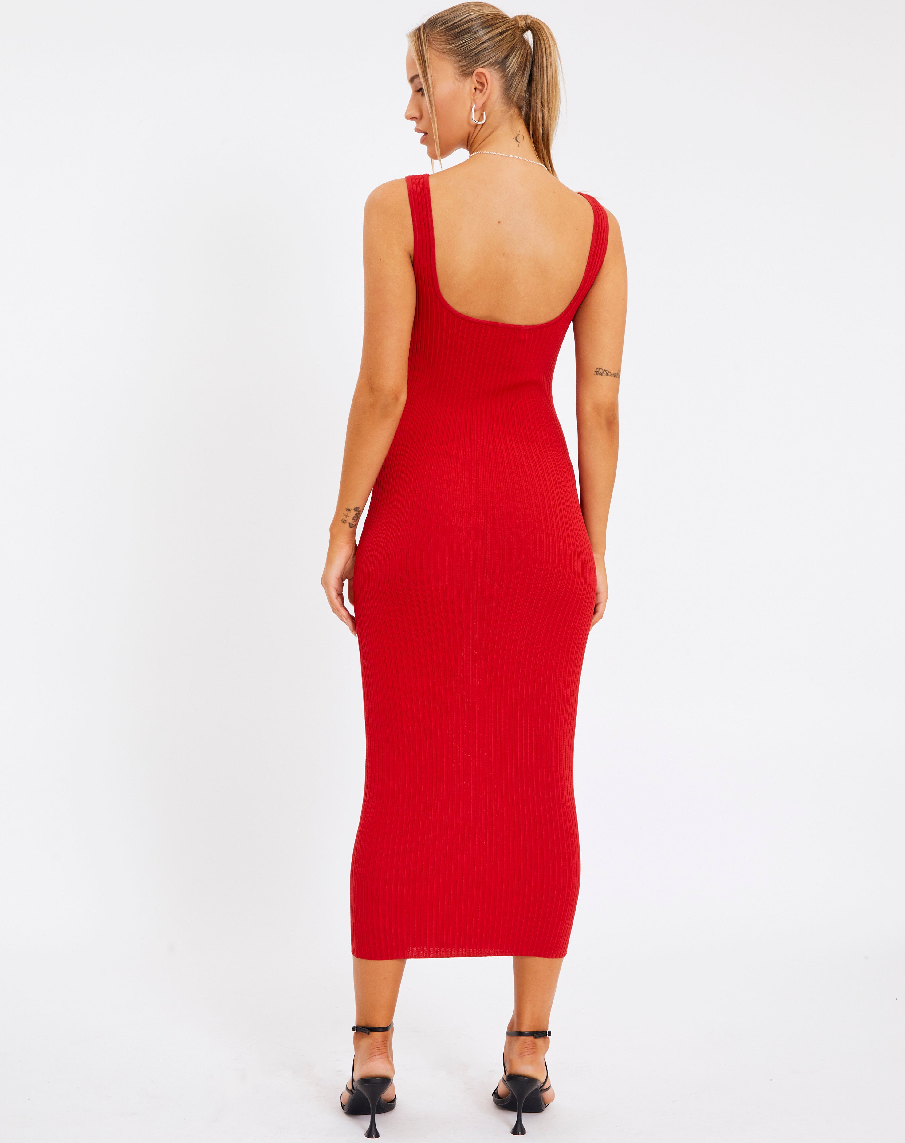 Knit Square Neck Maxi Dress in Red 