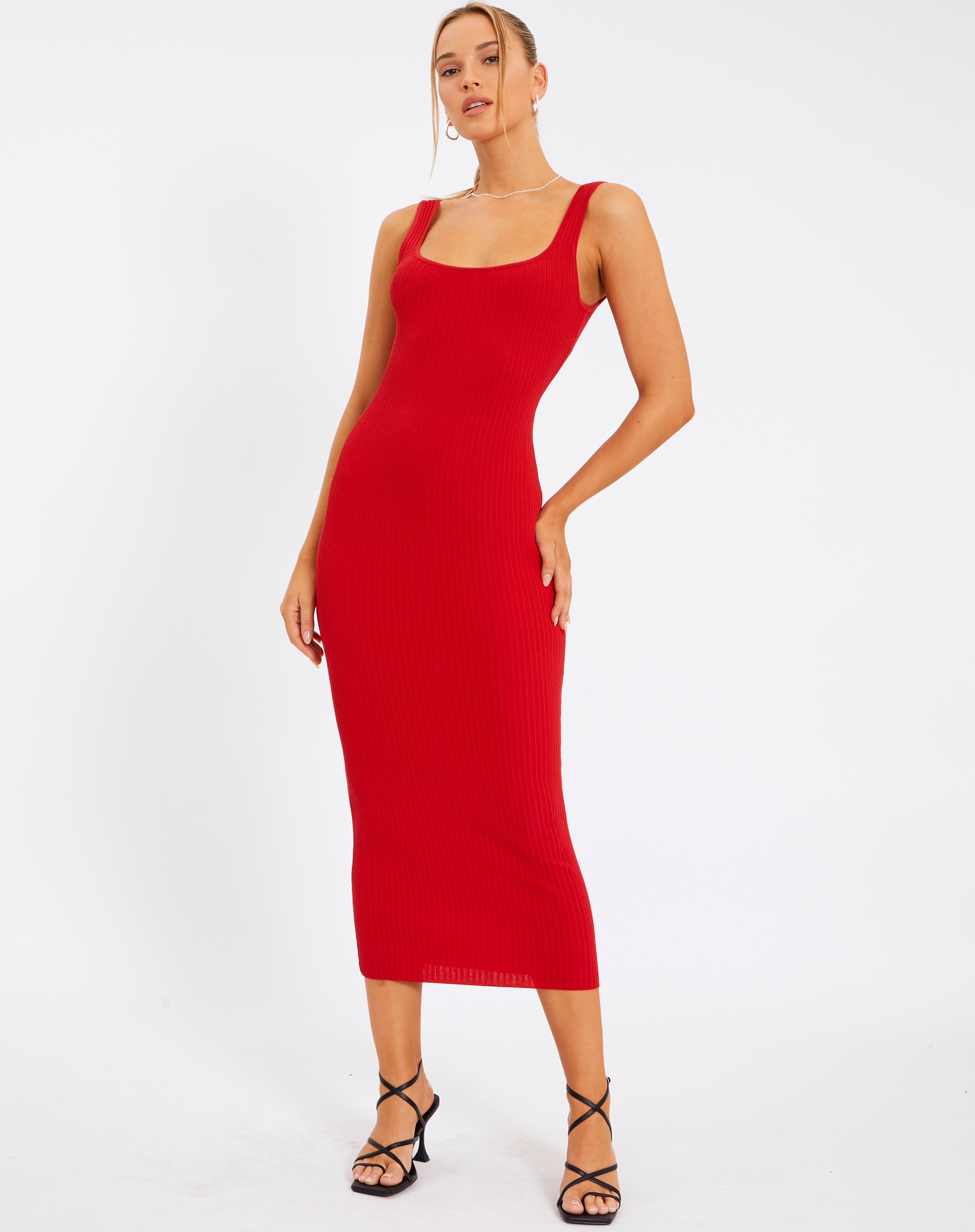 Knit Square Neck Maxi Dress in Red 