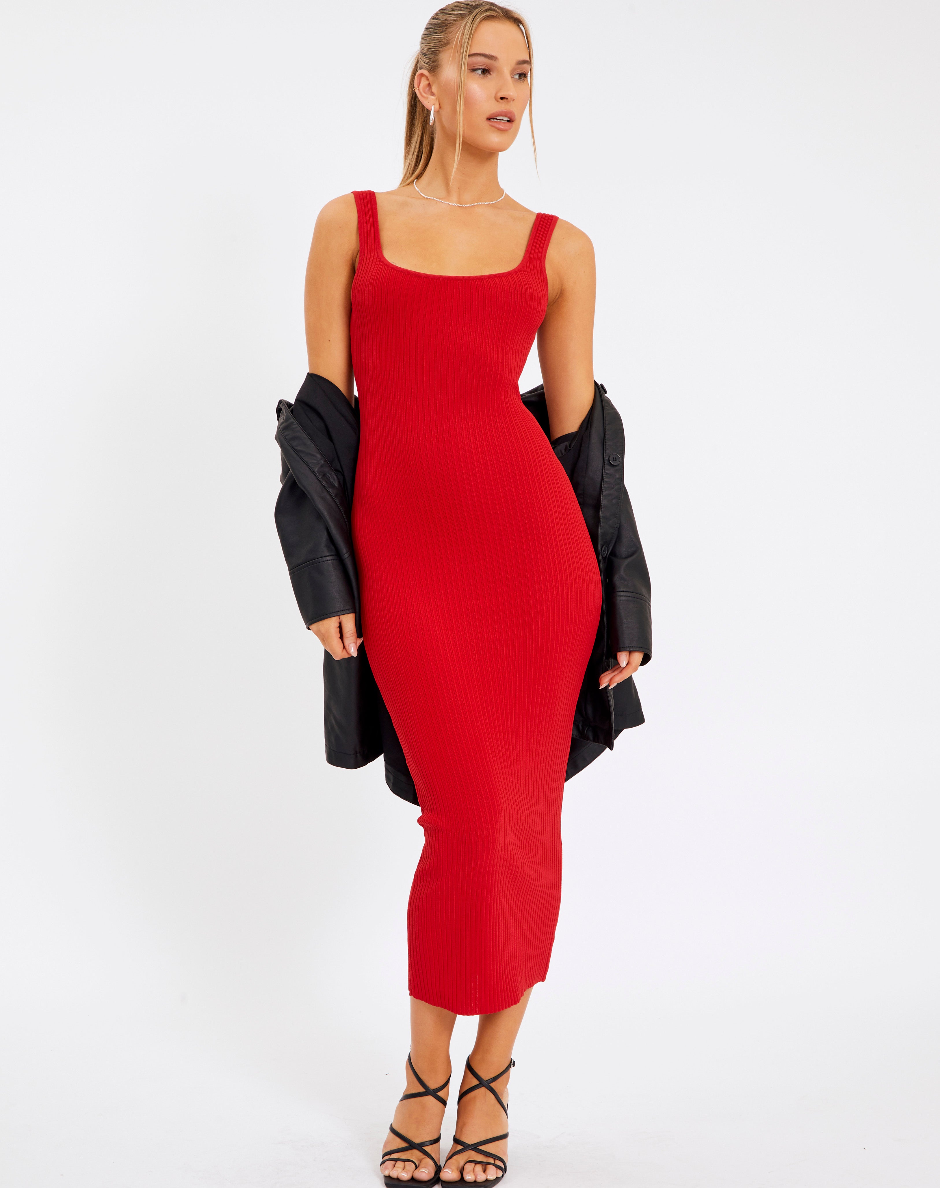 Knit Square Neck Maxi Dress in Red 
