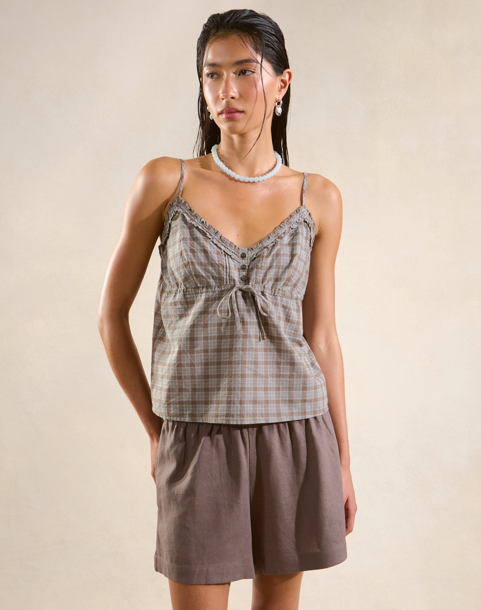 100% Cotton Tie Detail Cami in Smokey Mint Cammie Check | Glassons