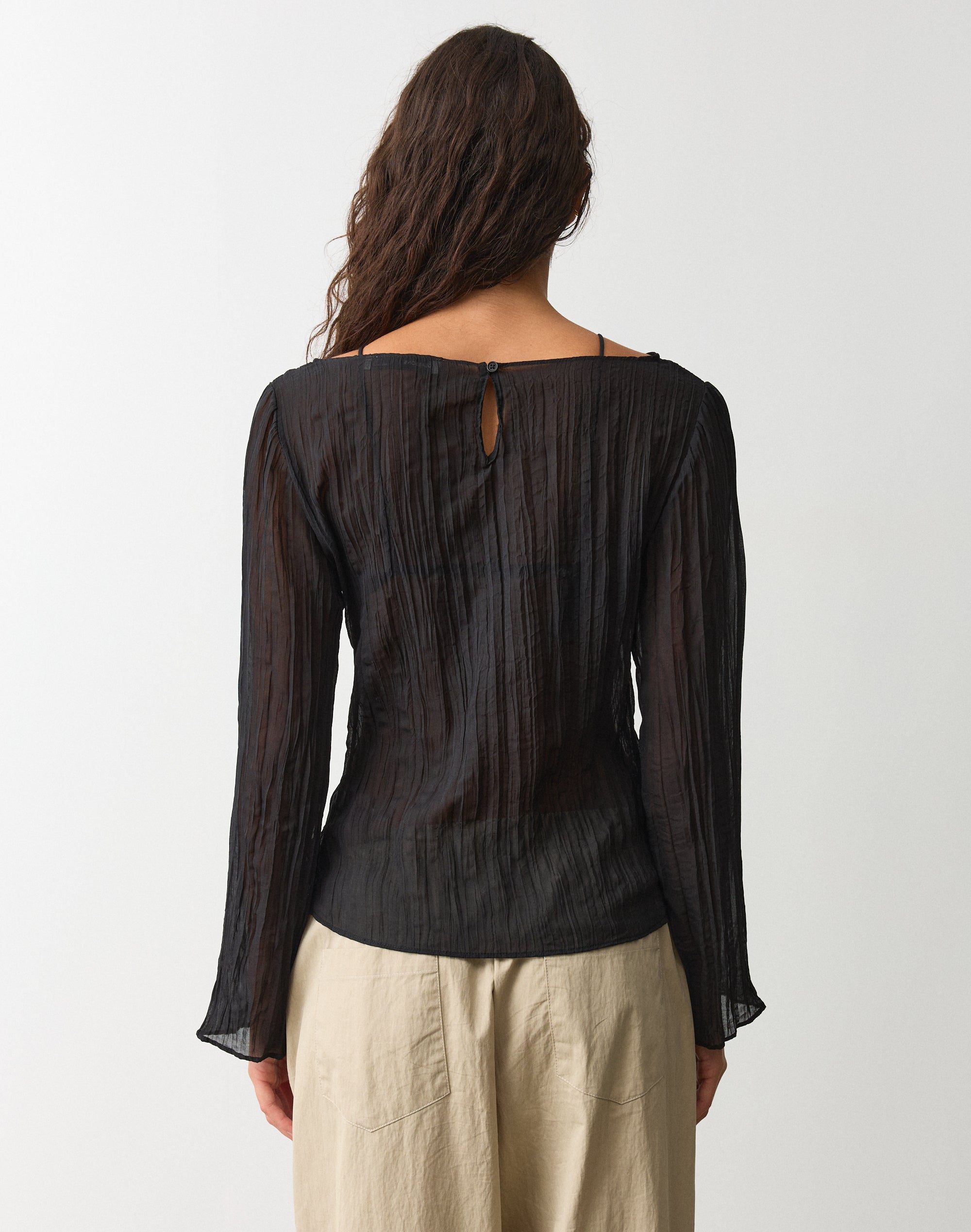 Sheer Crinkle Long Sleeve Top in Black | Glassons US