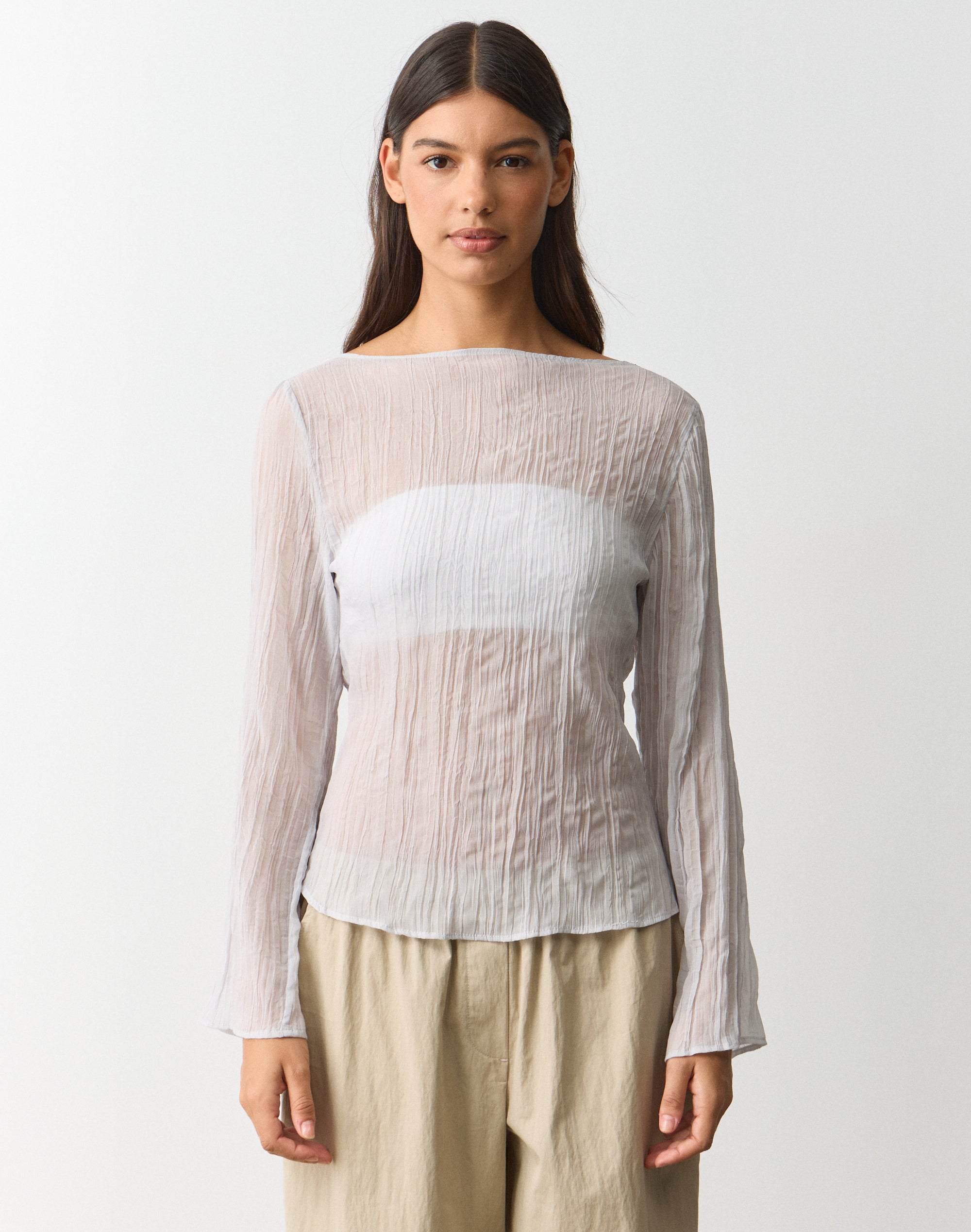 Sheer Crinkle Long Sleeve Top in Mist Opportunity | Glassons AU