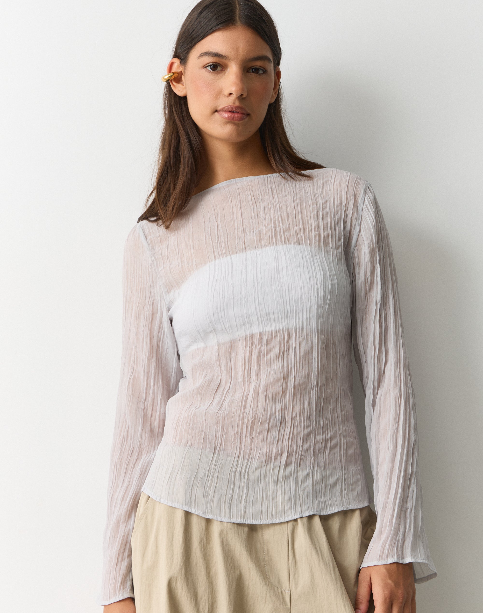 Sheer Crinkle Long Sleeve Top in Mist Opportunity | Glassons US