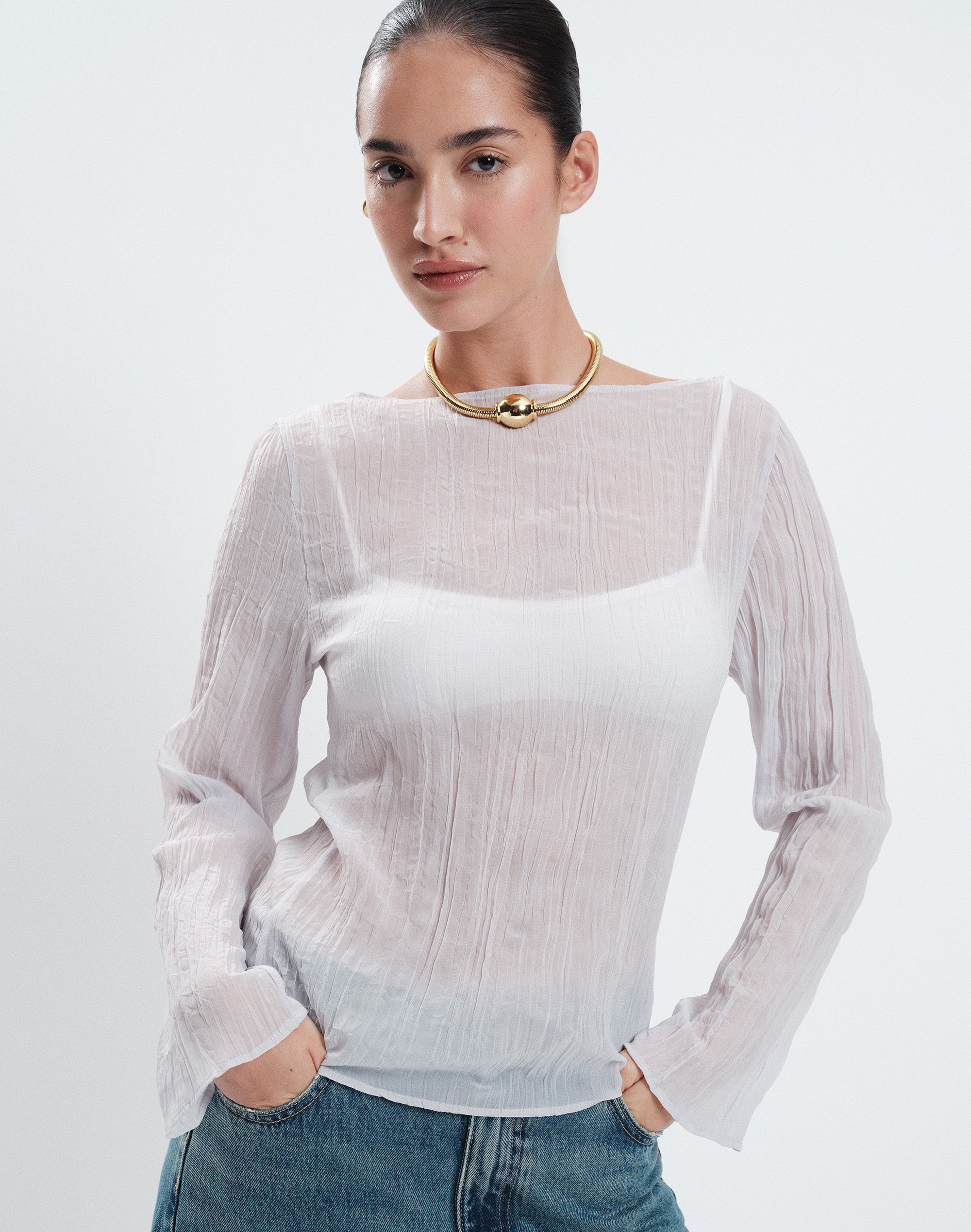 Sheer Crinkle Long Sleeve Top in Mist Opportunity | Glassons US