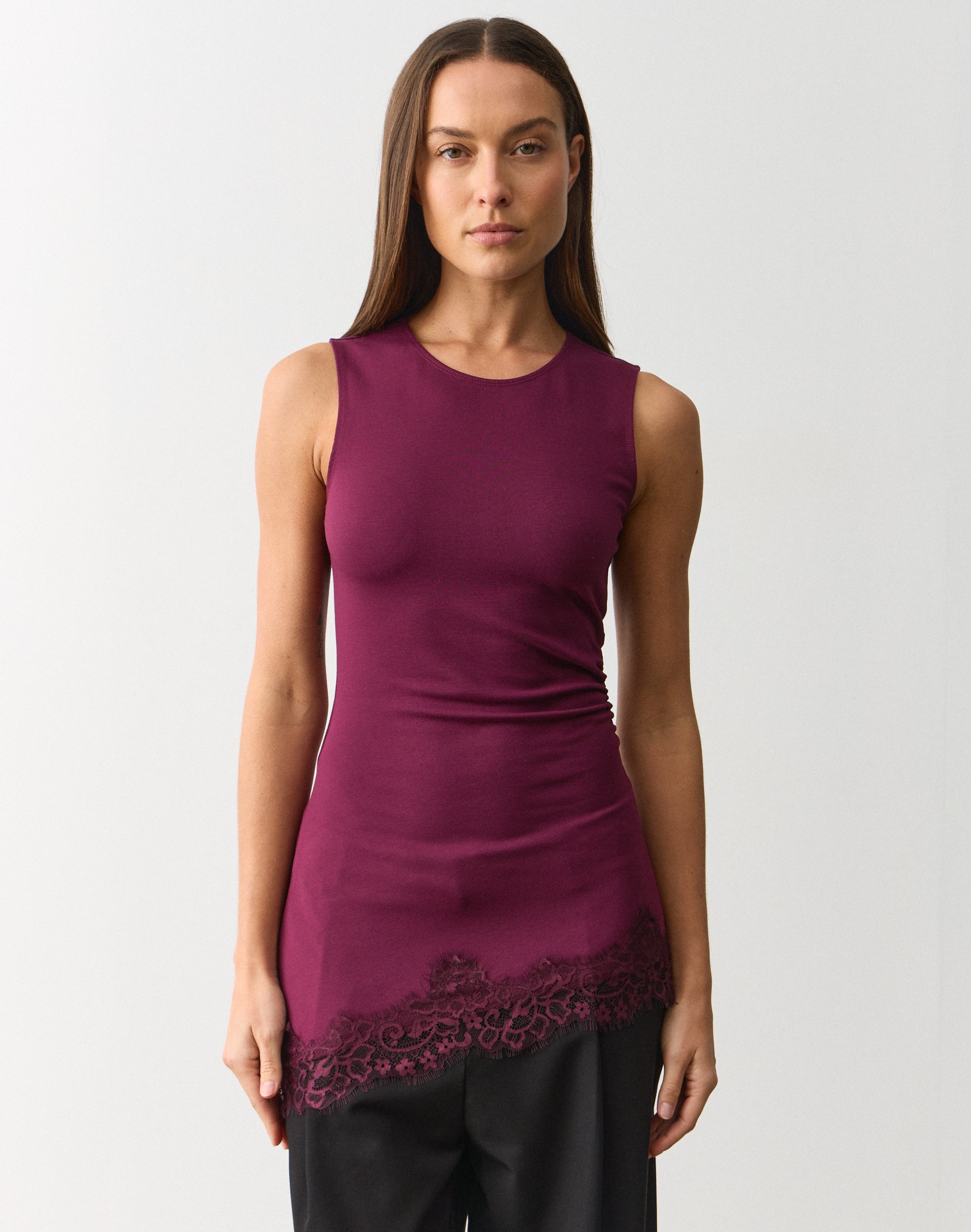 Lace Trim High Neck Top in Garnet Glee | Glassons