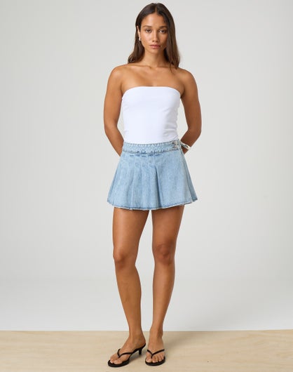 Pleated Denim Mini Skirt in Light Blue Breeze Glassons