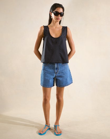 High Rise A Line Denim Short