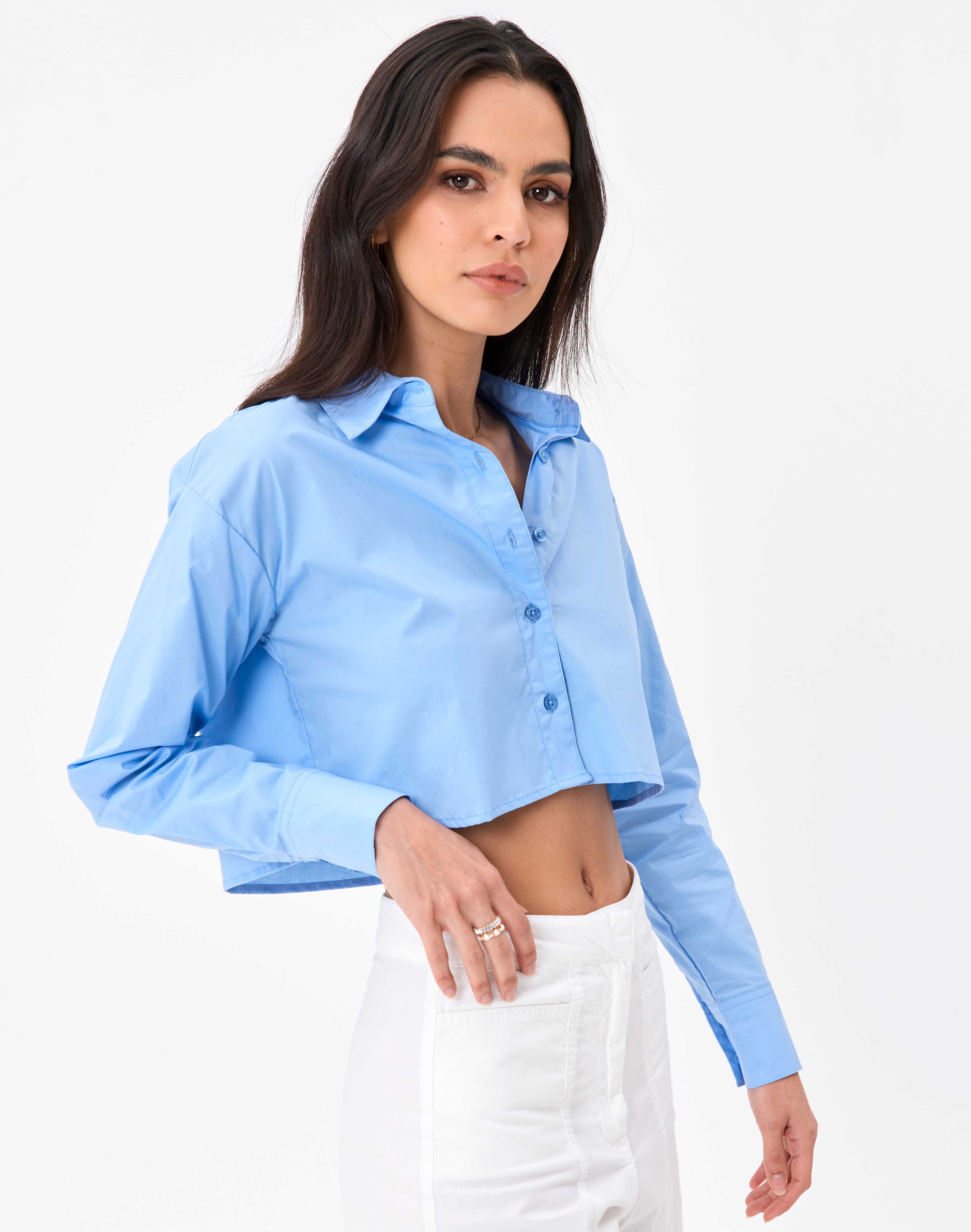 Cropped Long Sleeve Shirt in Blue 