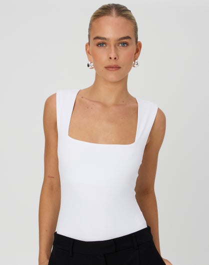 Square Neck Thick Strap Bodysuit in White | Glassons