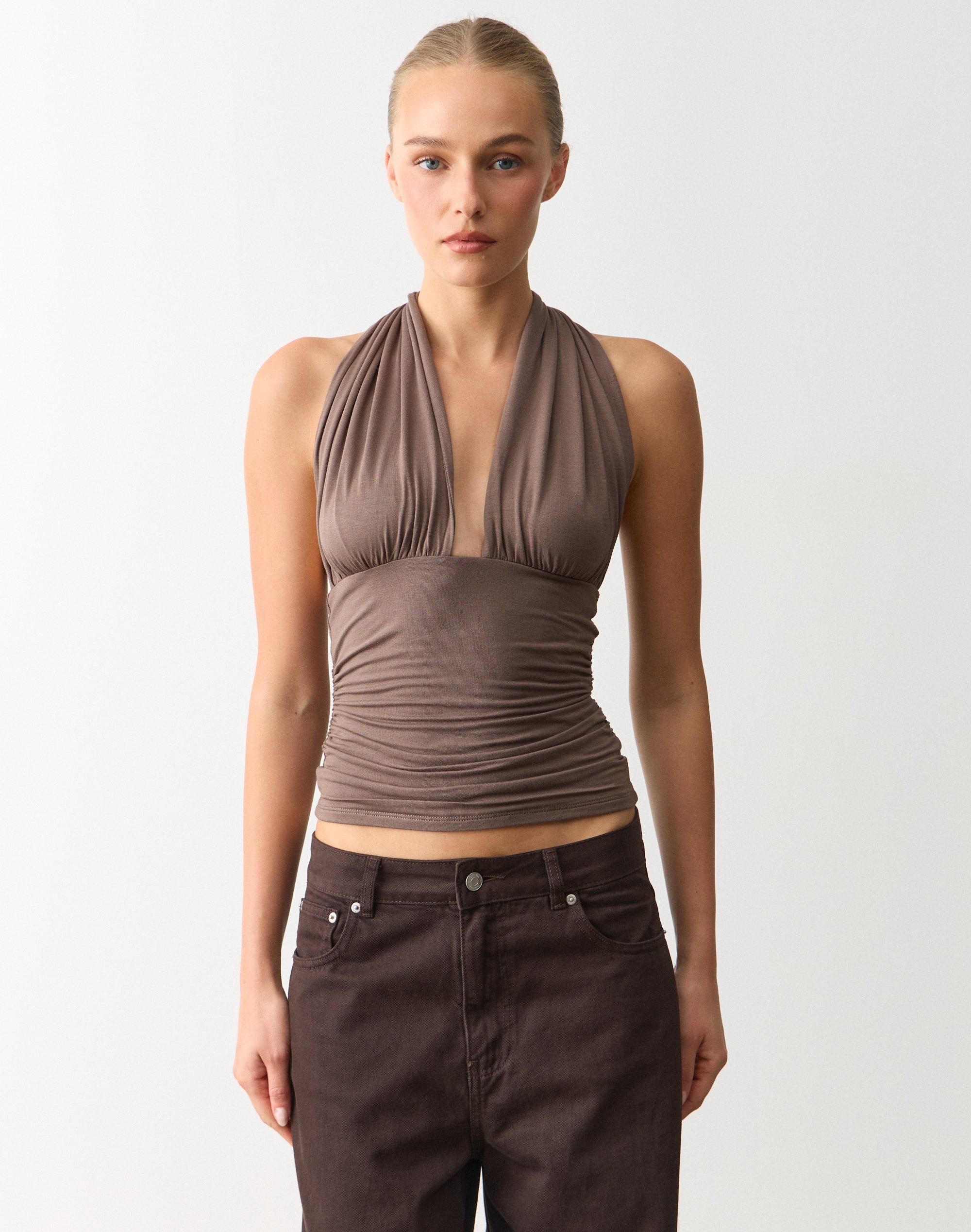 Multiwear Halter V Neck Top in Smokey Hazel | Glassons SG