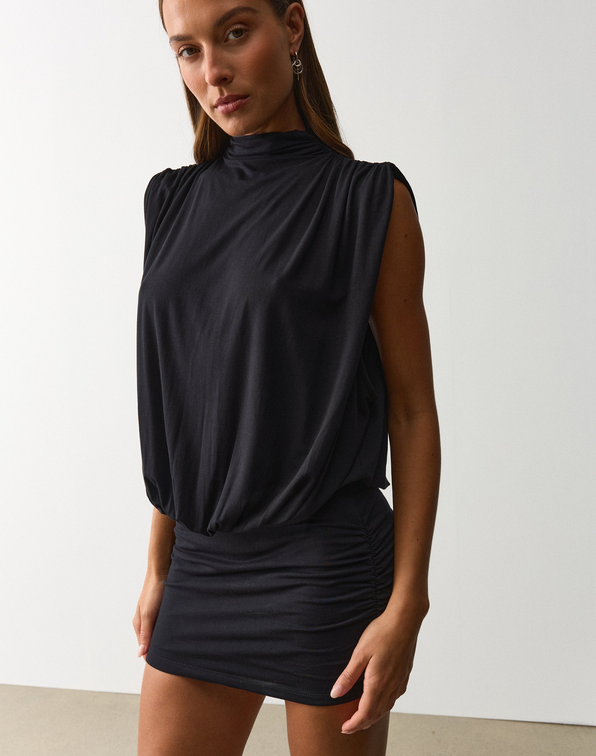 High Neck Blouson Mini Dress in Black | Glassons US High Neck Blouson Mini Dress in Black | Glassons US