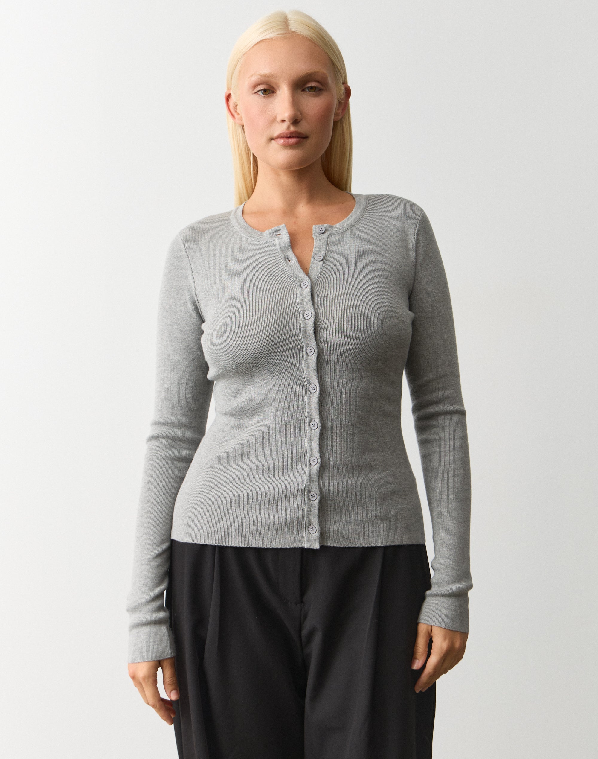 Rib Button Up Knit Cardigan in Grey Marle | Glassons AU