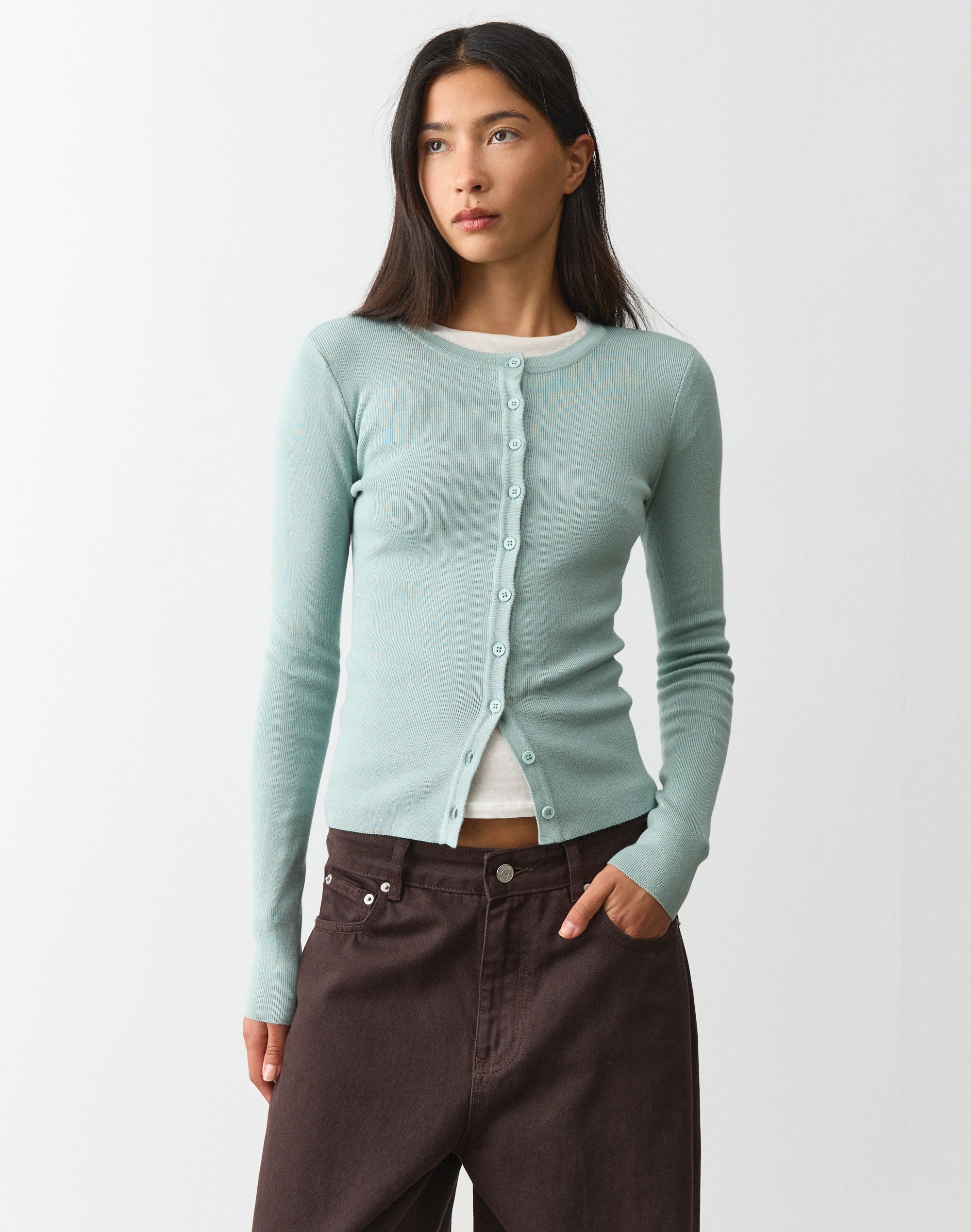 Rib Button Up Knit Cardigan in Mint Mirage | Glassons US