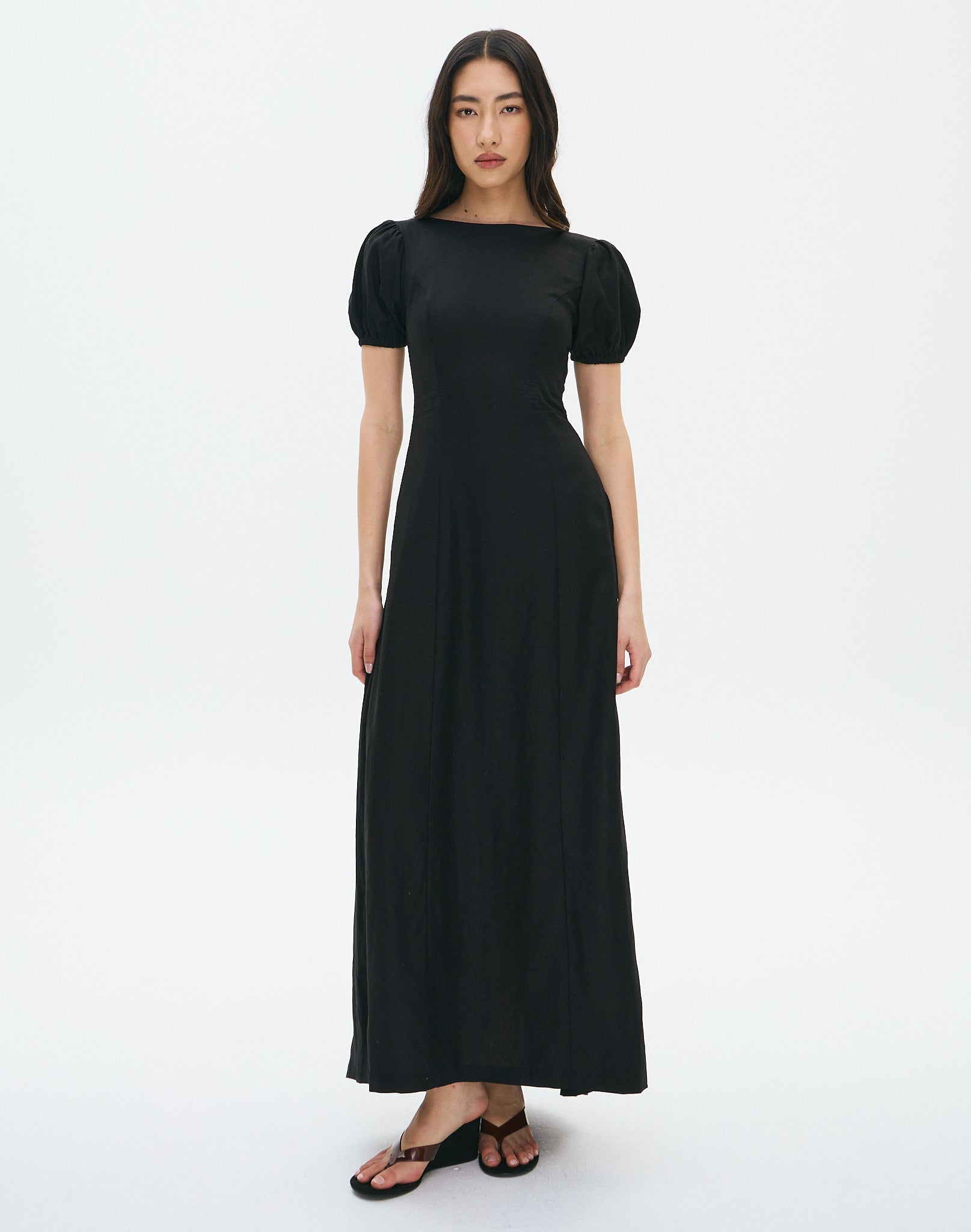 Linen Blend Puff Sleeve Maxi Dress in Black | Glassons Linen Blend Puff Sleeve Maxi Dress in Black | Glassons