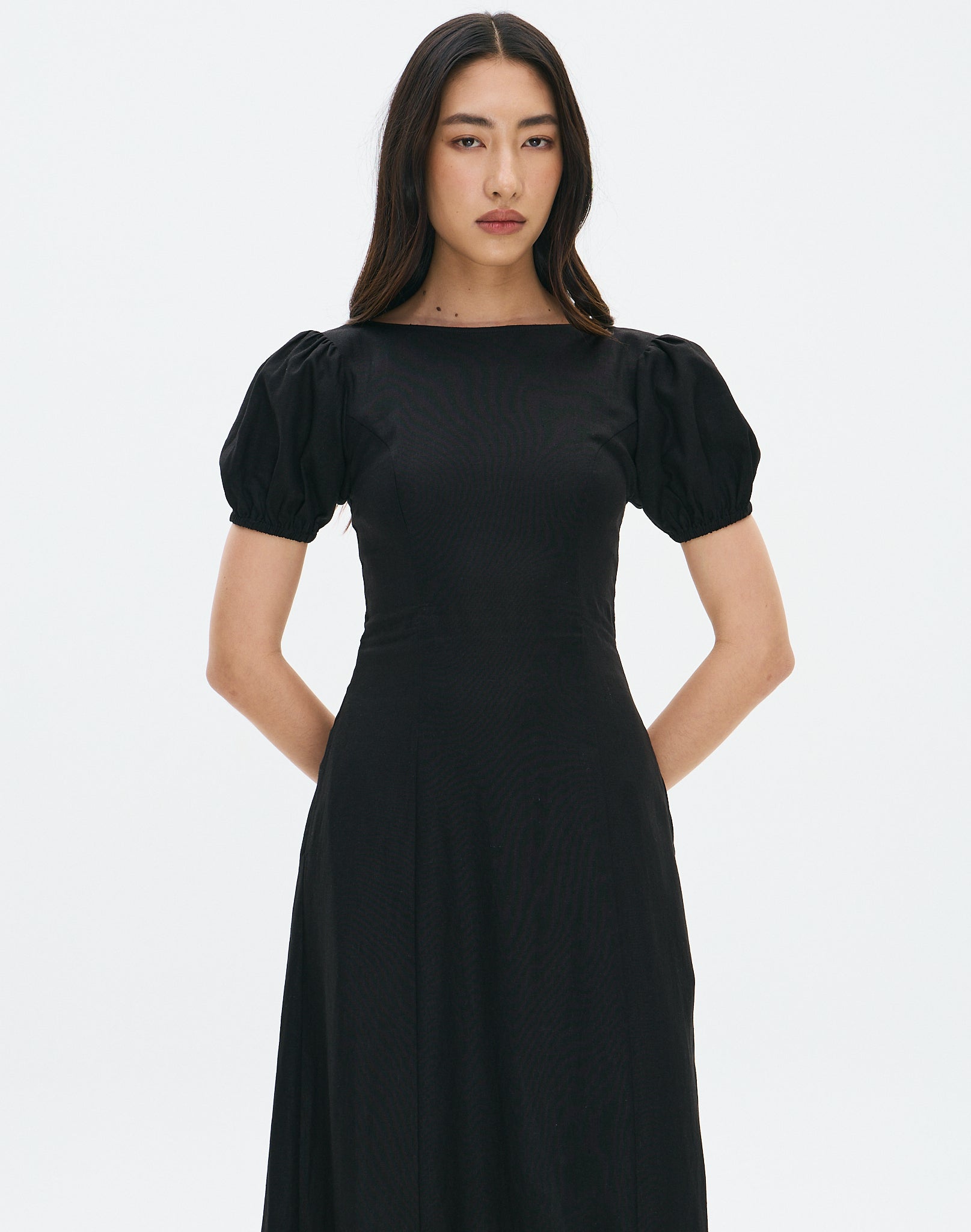 Linen Blend Puff Sleeve Maxi Dress in Black | Glassons