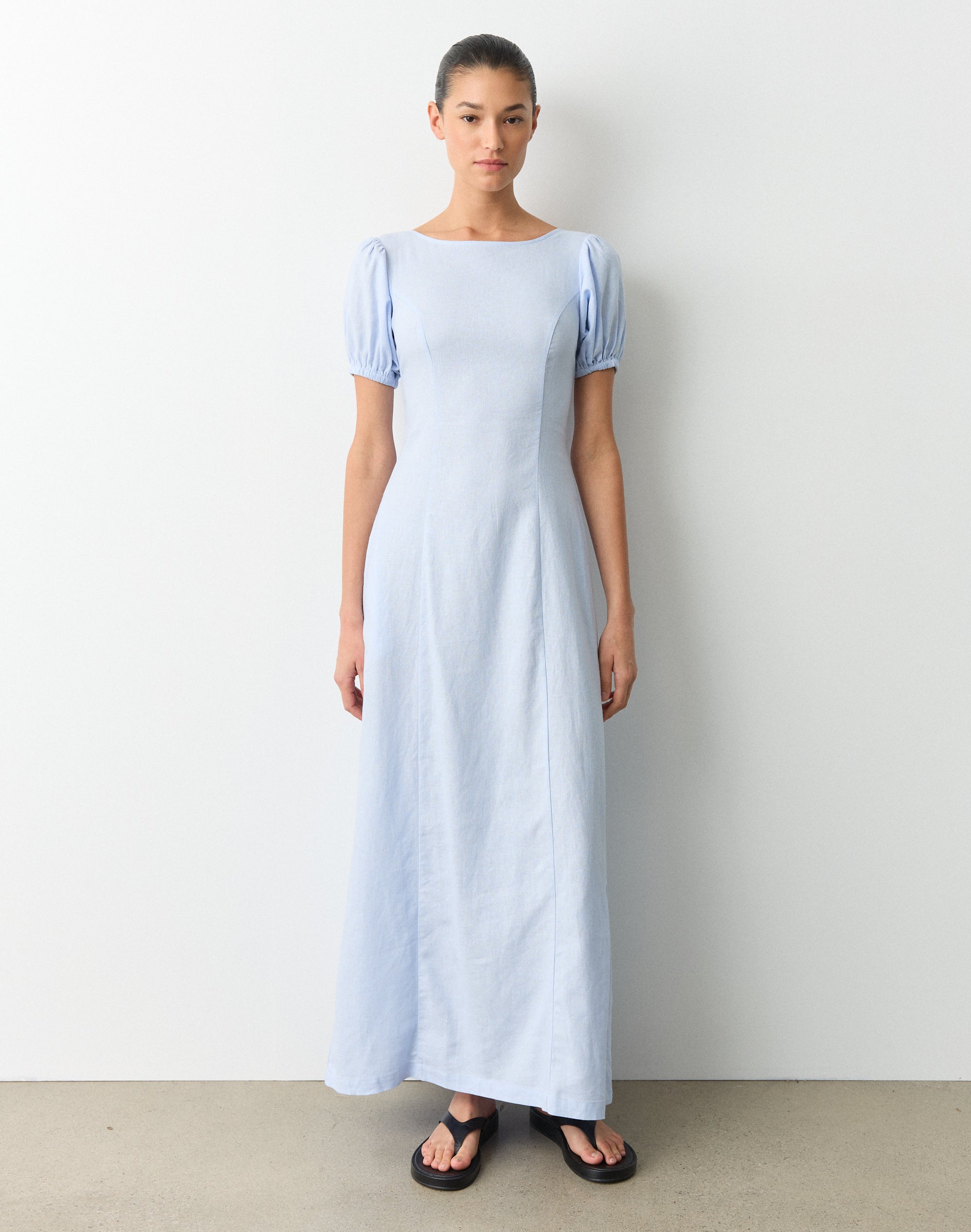 Linen Blend Puff Sleeve Maxi Dress in Western Blue | Glassons