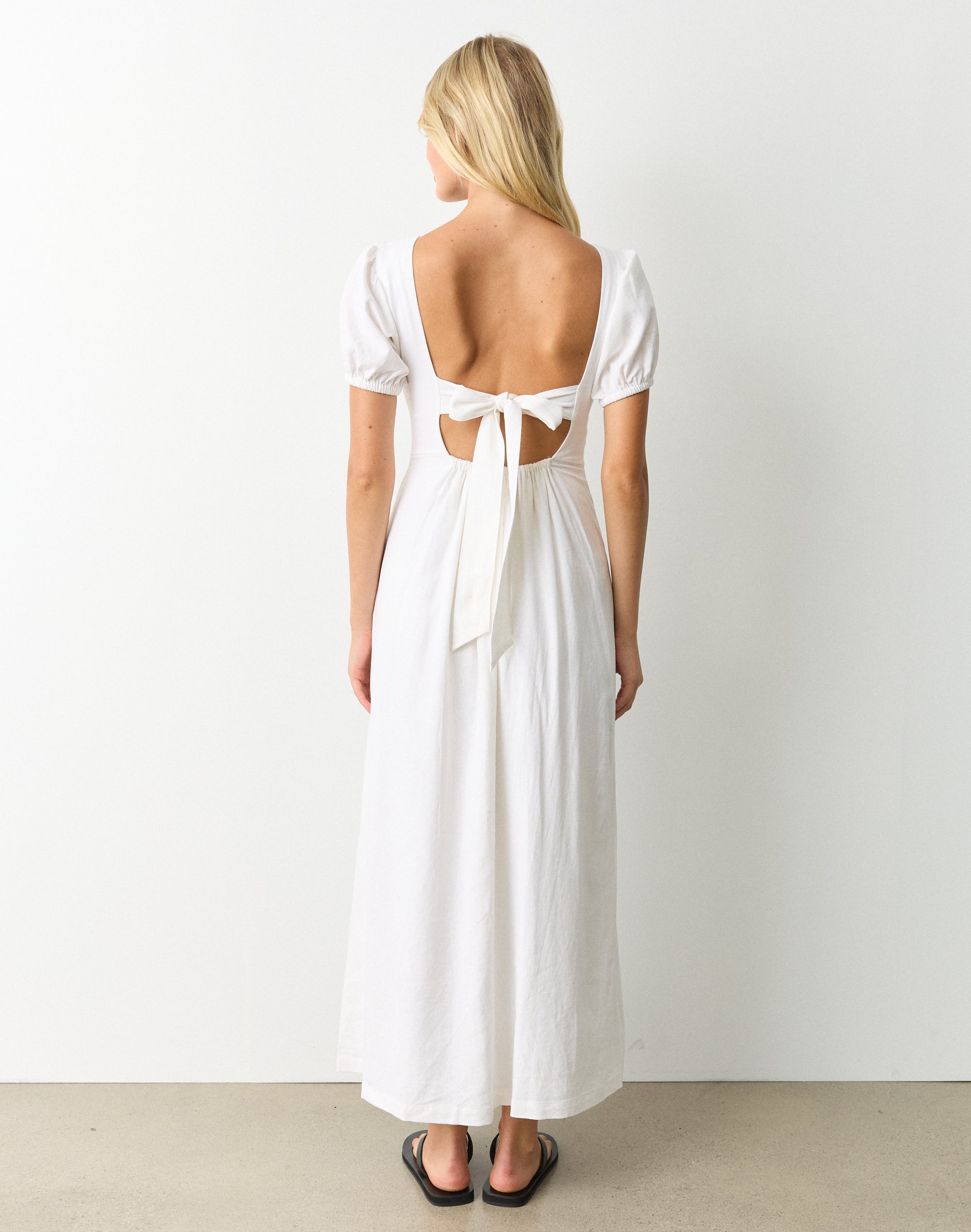 knee length dresses for ladies Addison Button Linen Dress-White