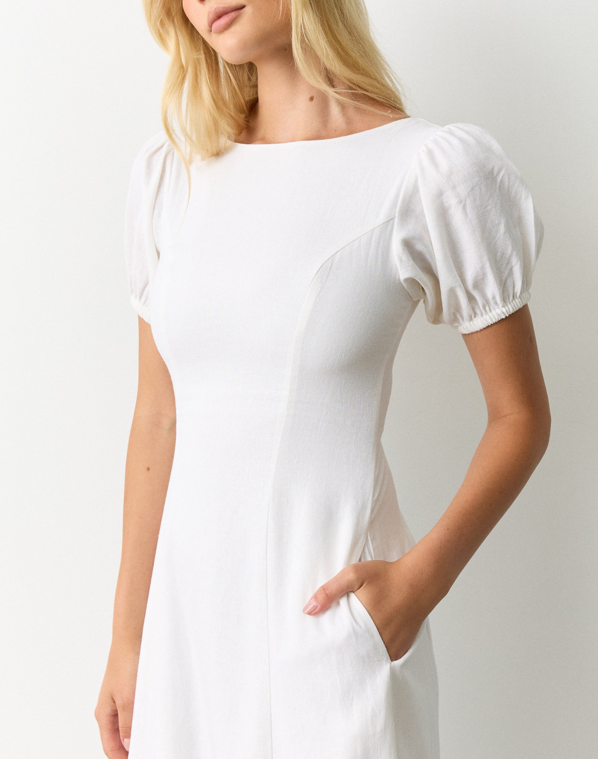 Linen Blend Puff Sleeve Maxi Dress