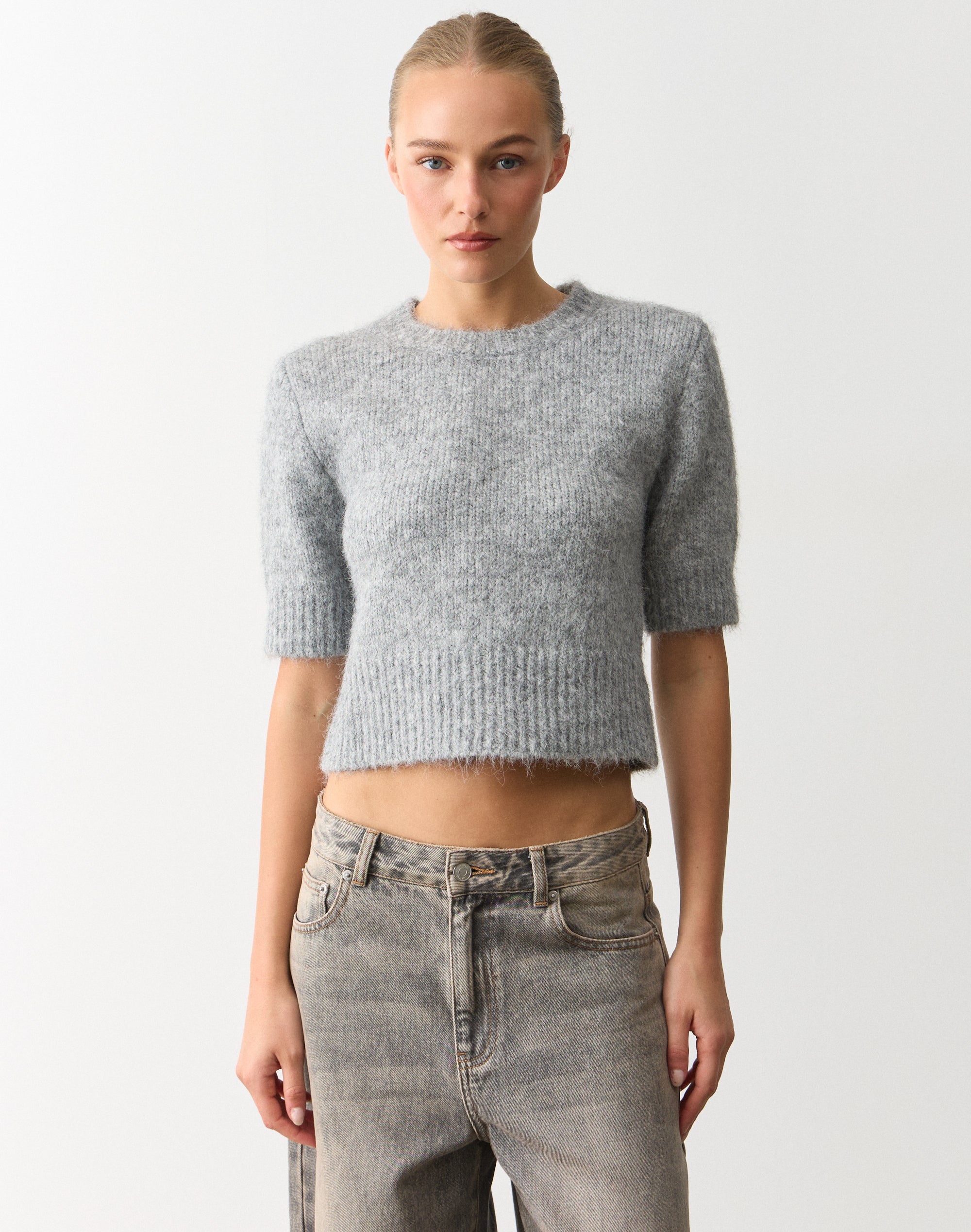 Cosy Short Sleeve Knit Top in Grey Marle | Glassons US
