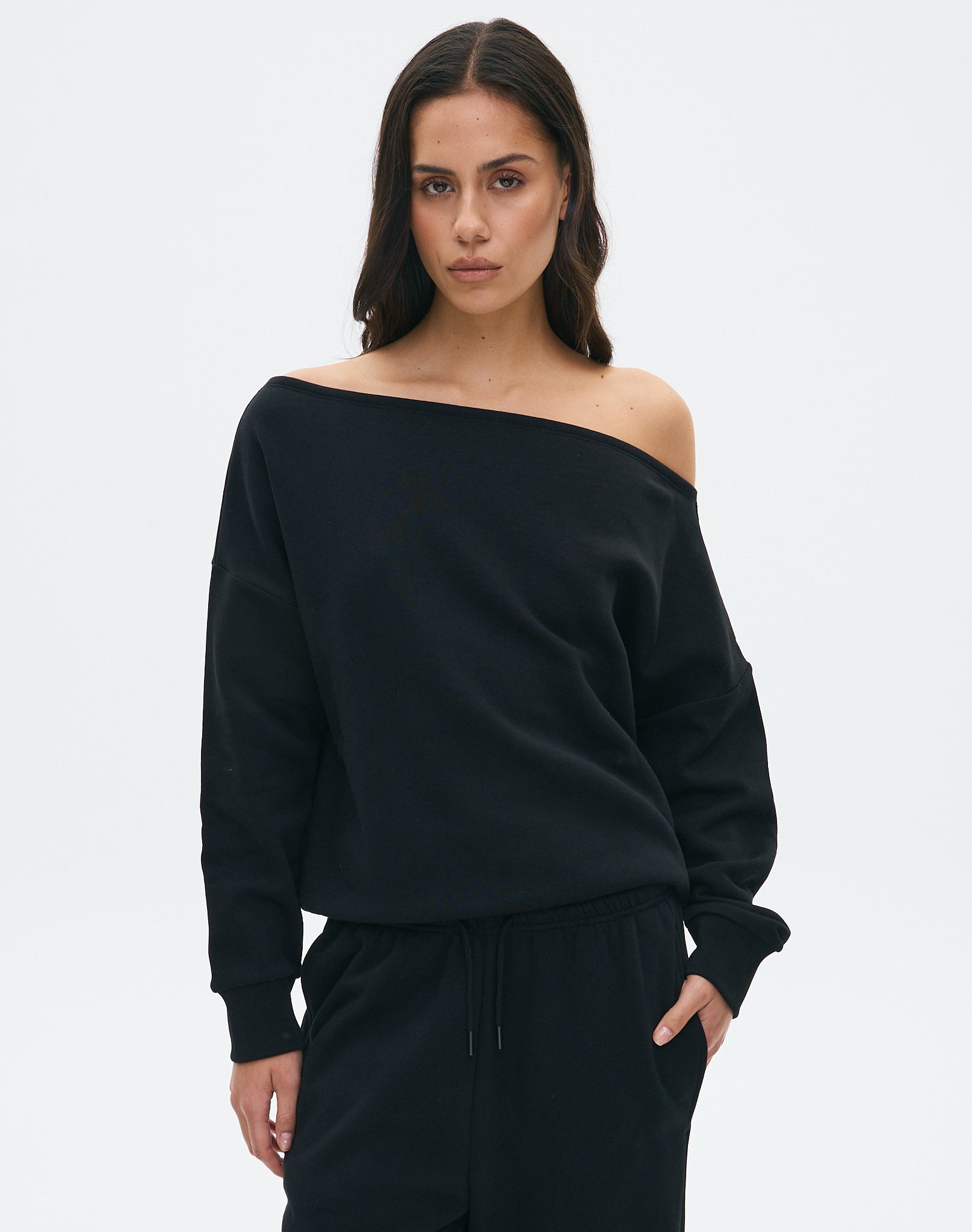 Organic Cotton Off Shoulder Sweat in Black | Glassons